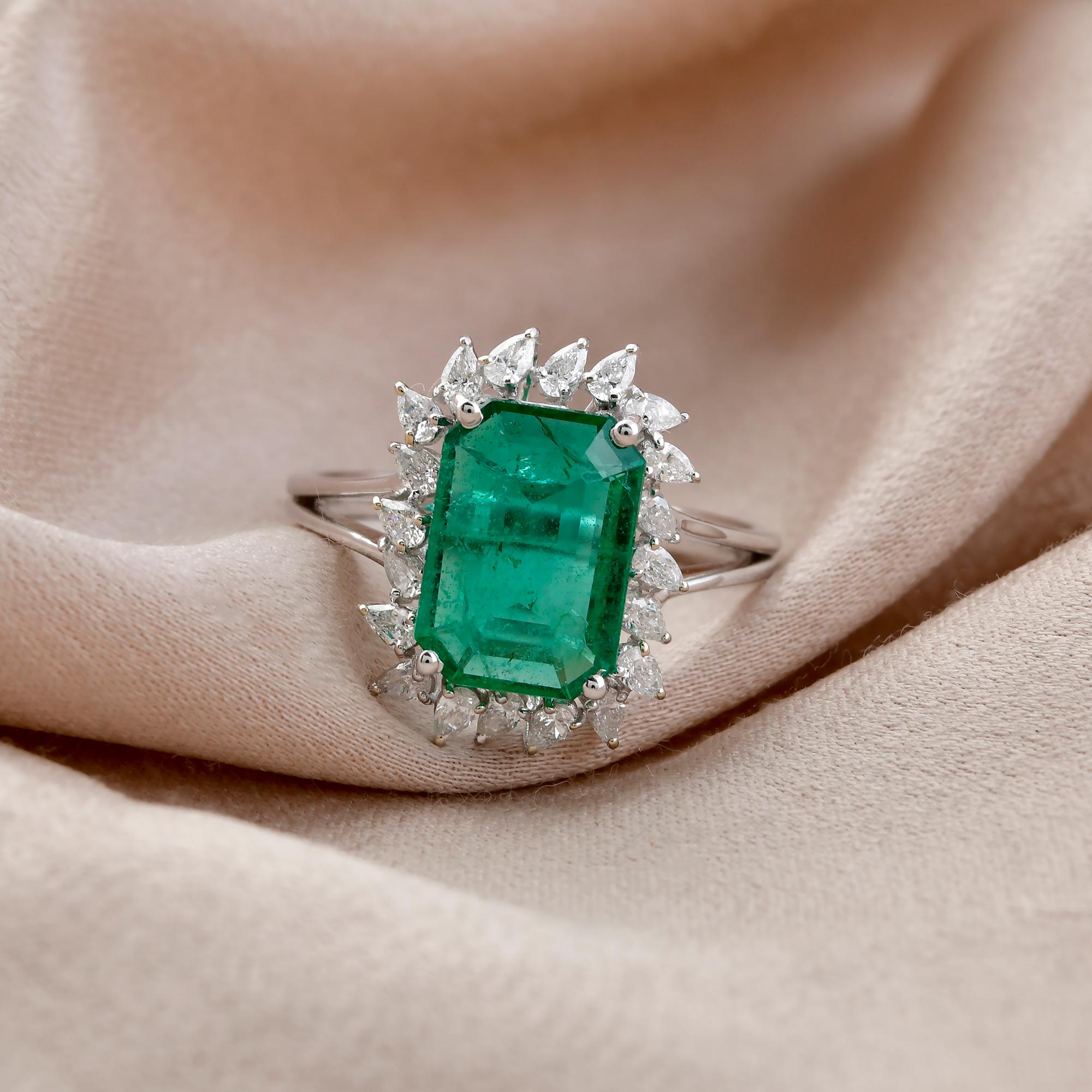 Modern Zambian Emerald Gemstone Cocktail Ring Pear Diamond 14 Karat White Gold Jewelry For Sale