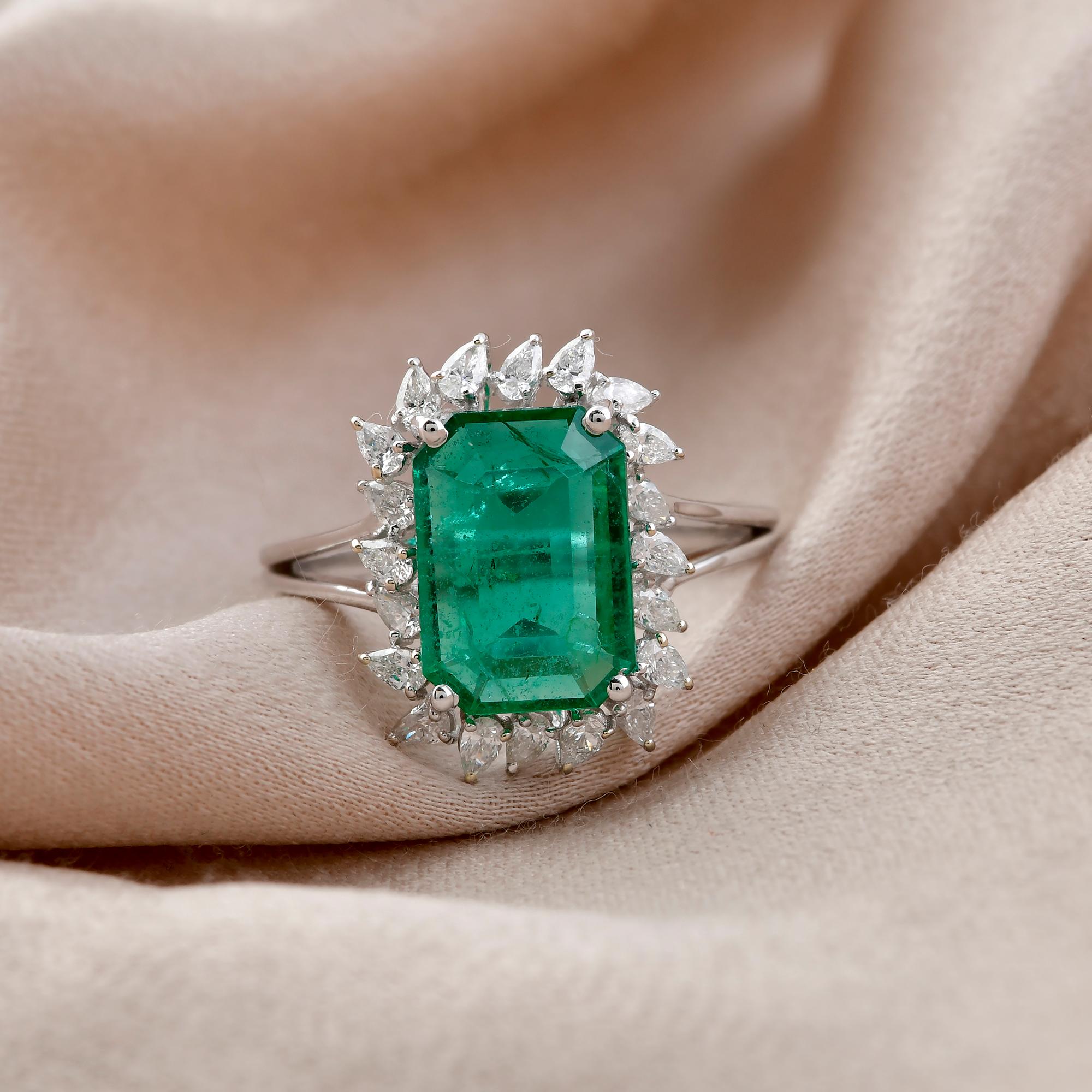 Pear Cut Zambian Emerald Gemstone Cocktail Ring Pear Diamond 14 Karat White Gold Jewelry For Sale