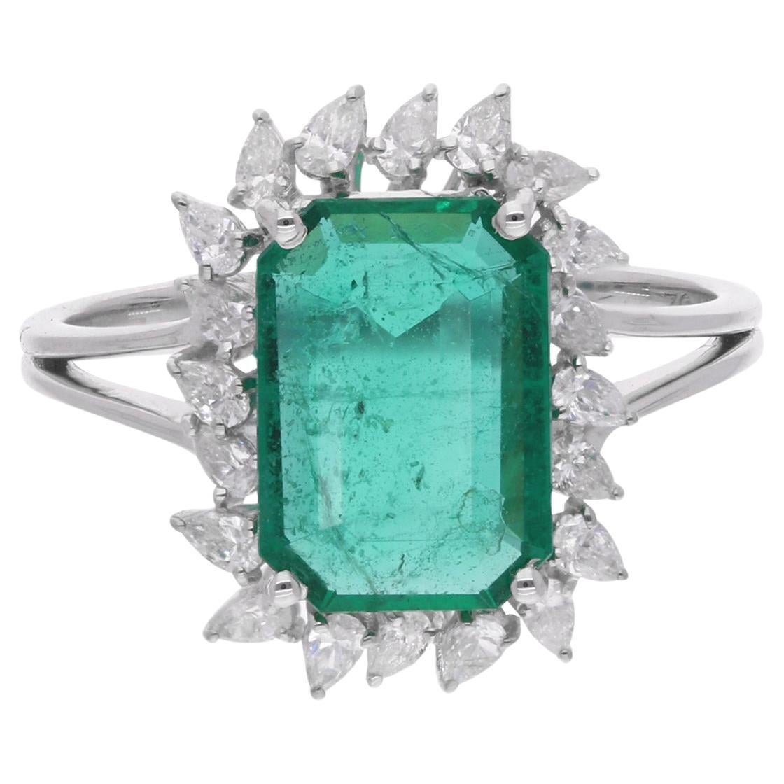 Esmeralda de Zambia Piedra Preciosa Anillo de Cóctel Diamante Pera Joyería de Oro Blanco de 14 Kilates