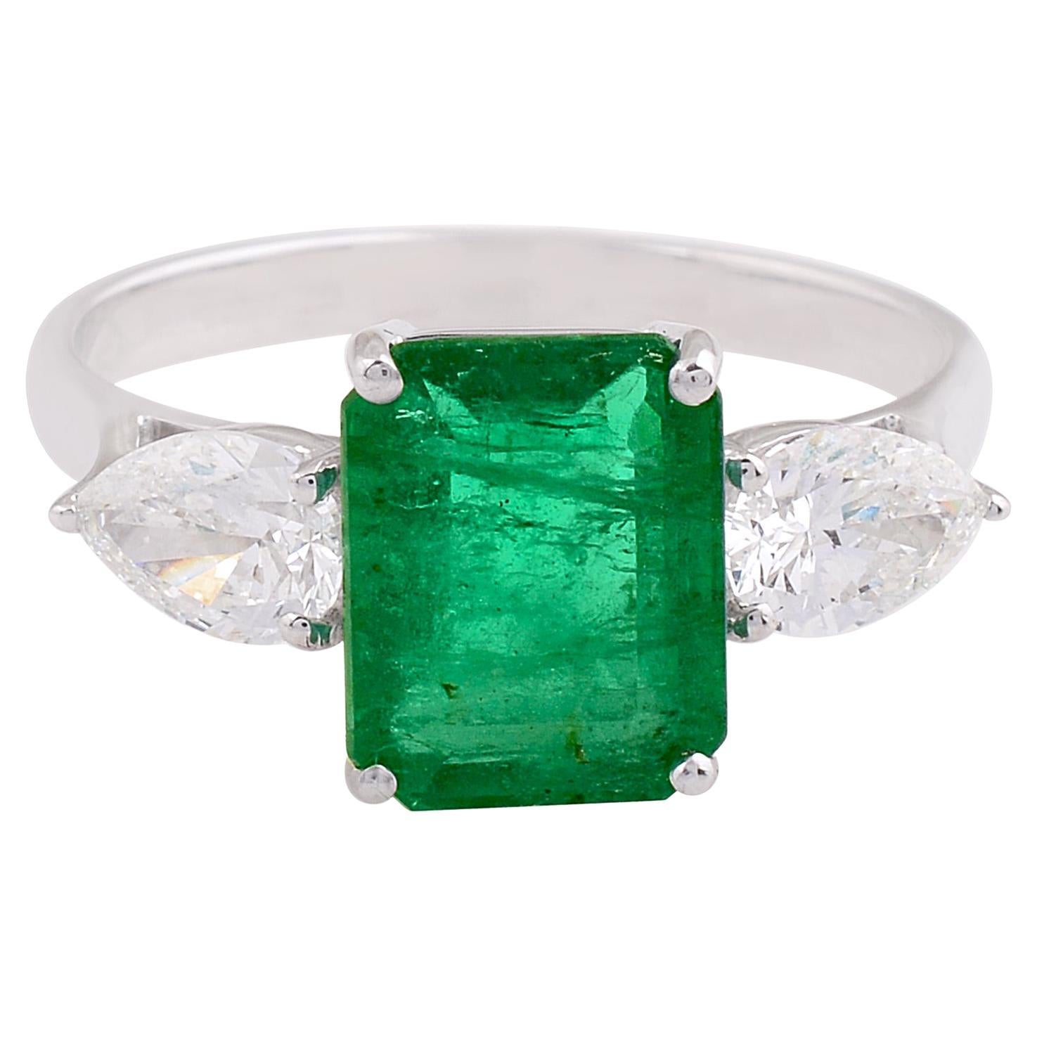 Natural Emerald Gemstone Cocktail Ring Pear Diamond 18 Karat White Gold Jewelry