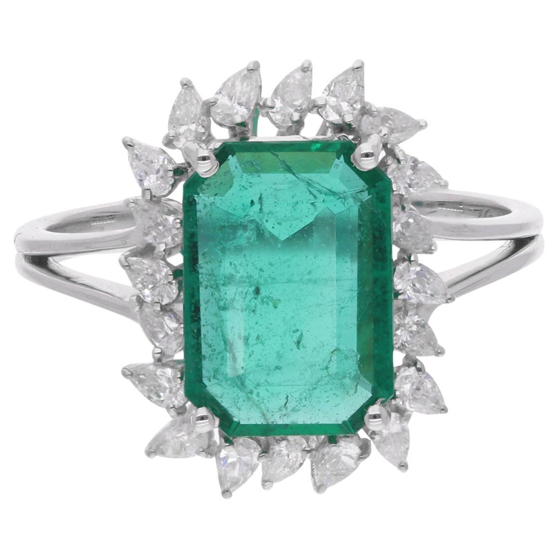 Zambian Emerald Gemstone Cocktail Ring Pear Diamond 18 Karat White Gold Jewelry