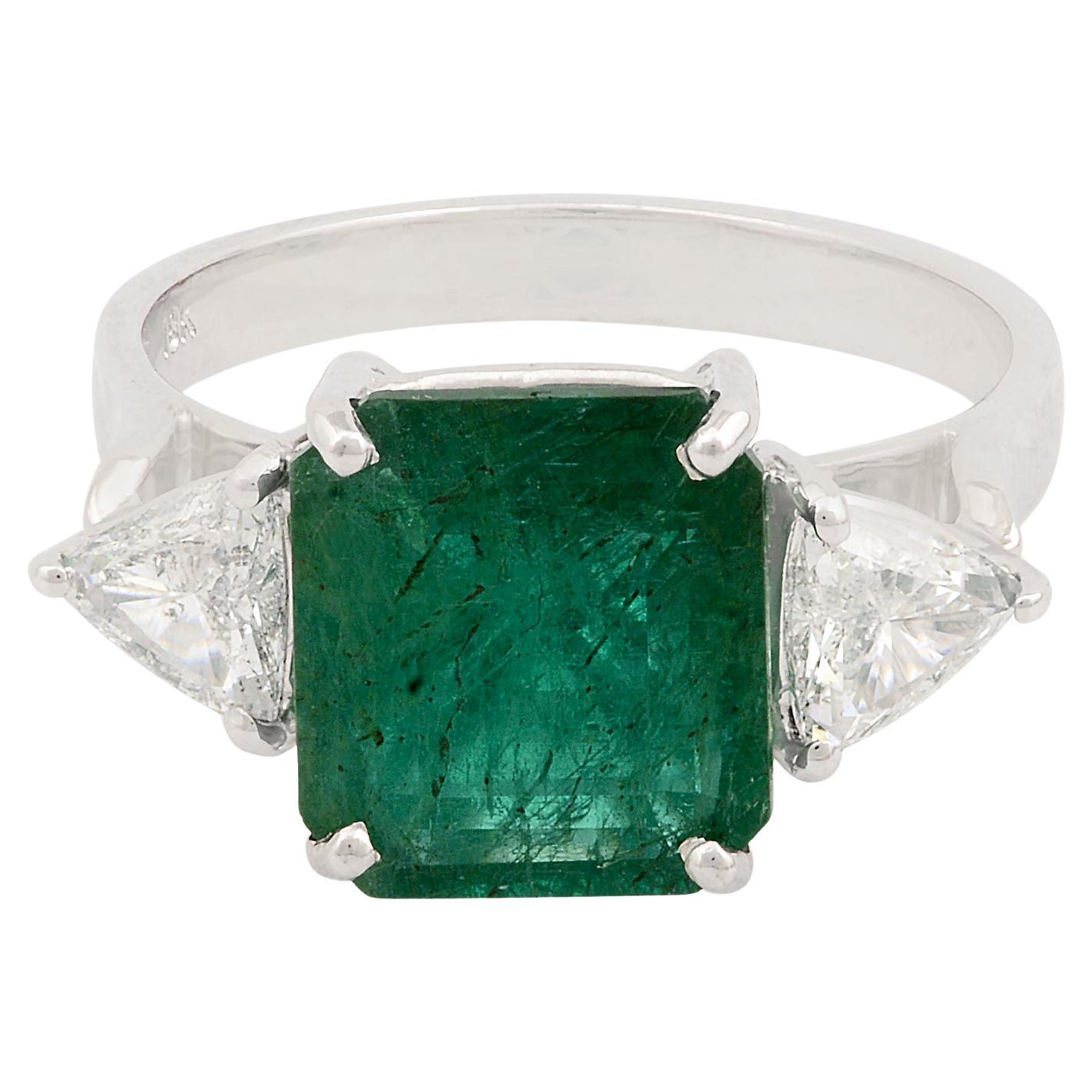 Zambian Emerald Gemstone Cocktail Ring Pear Diamond Solid 18k White Gold Jewelry