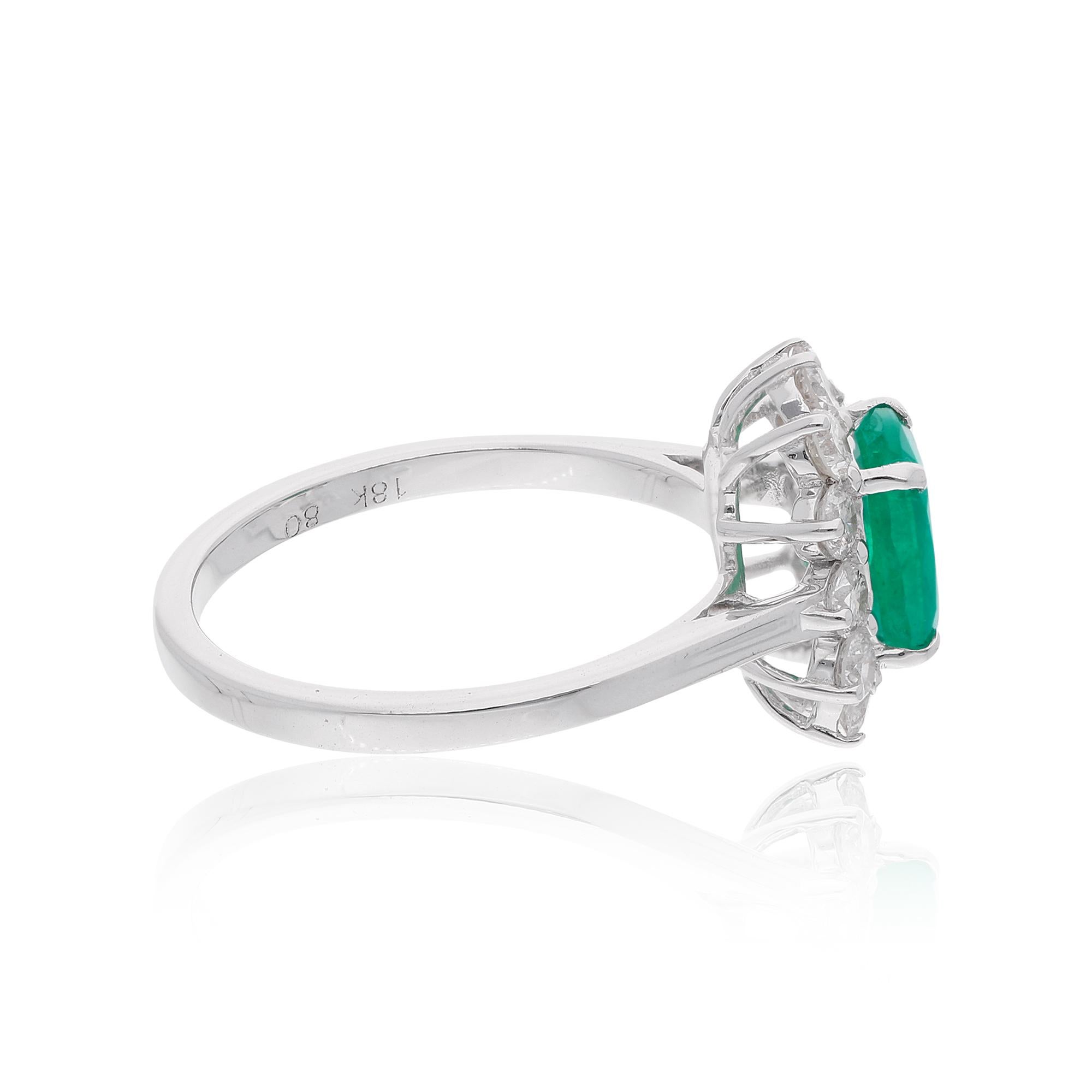 Modern Natural Emerald Gemstone Cocktail Ring Round Diamond 18 Karat White Gold Jewelry For Sale