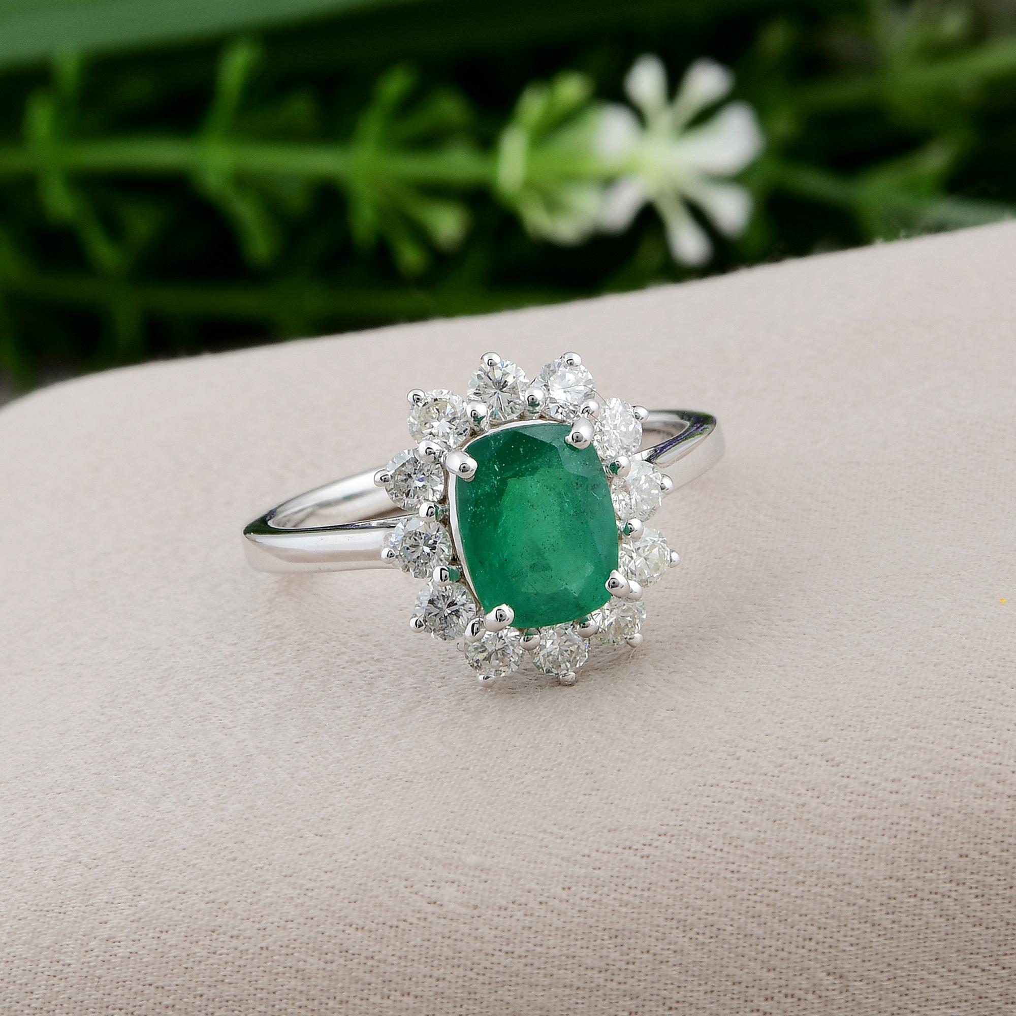 Emerald Cut Natural Emerald Gemstone Cocktail Ring Round Diamond 18 Karat White Gold Jewelry For Sale