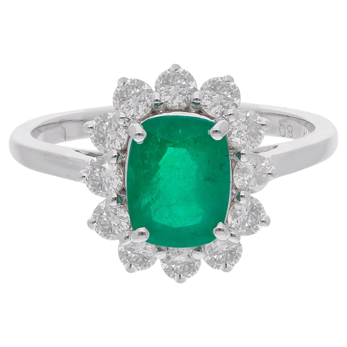 Natural Emerald Gemstone Cocktail Ring Round Diamond 18 Karat White Gold Jewelry