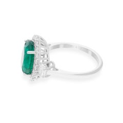 Zambian Emerald Gemstone Cocktail Ring SI/H Diamond 14 Karat White Gold Jewelry