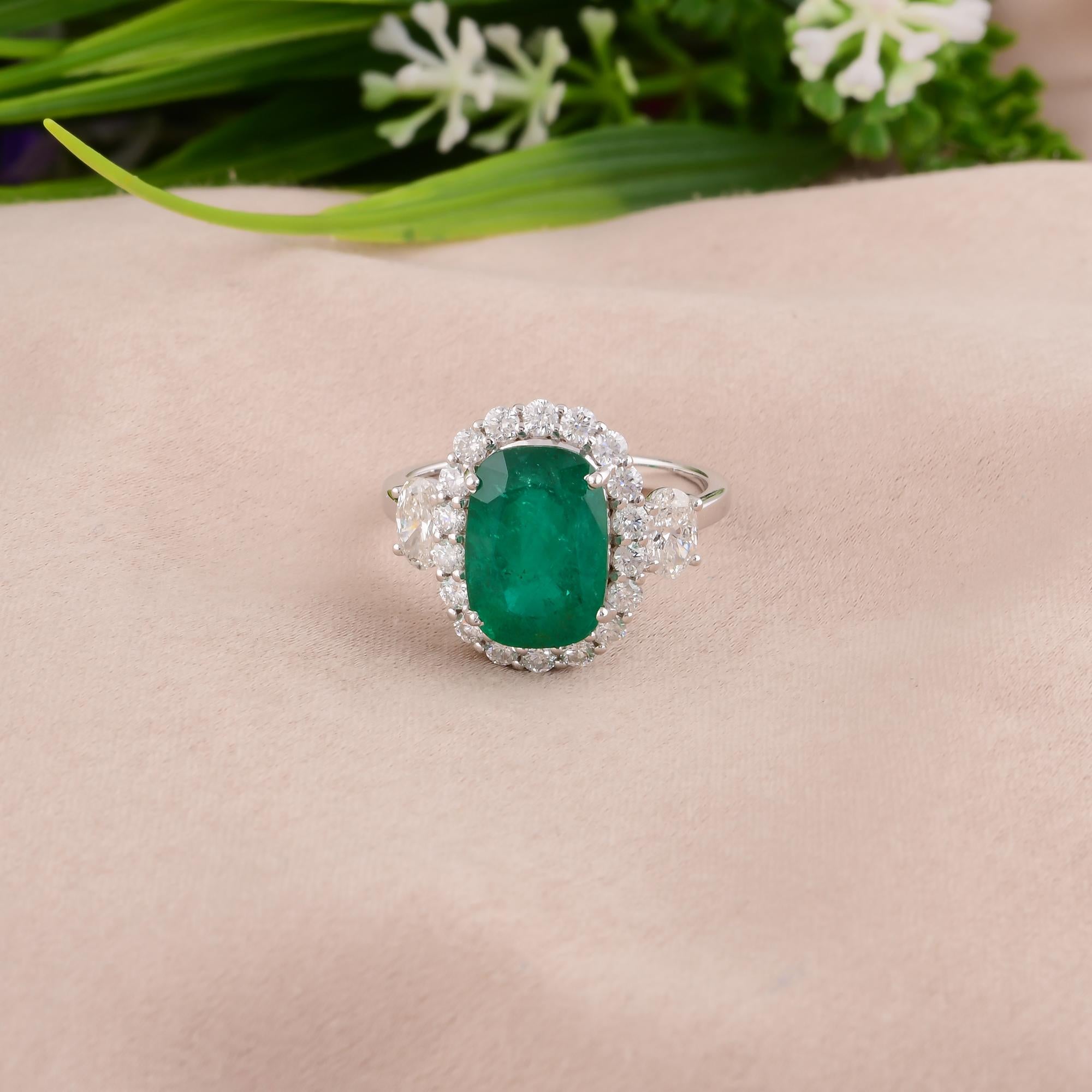 Cushion Cut Zambian Emerald Gemstone Cocktail Ring SI/H Diamond 14 Karat White Gold Jewelry For Sale