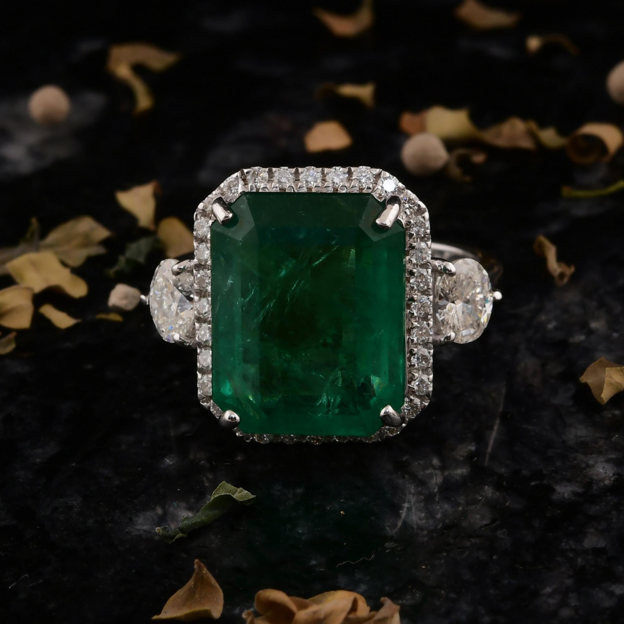 Emerald Cut Zambian Emerald Gemstone Cocktail Ring SI/H Diamond 14 Karat White Gold Jewelry For Sale