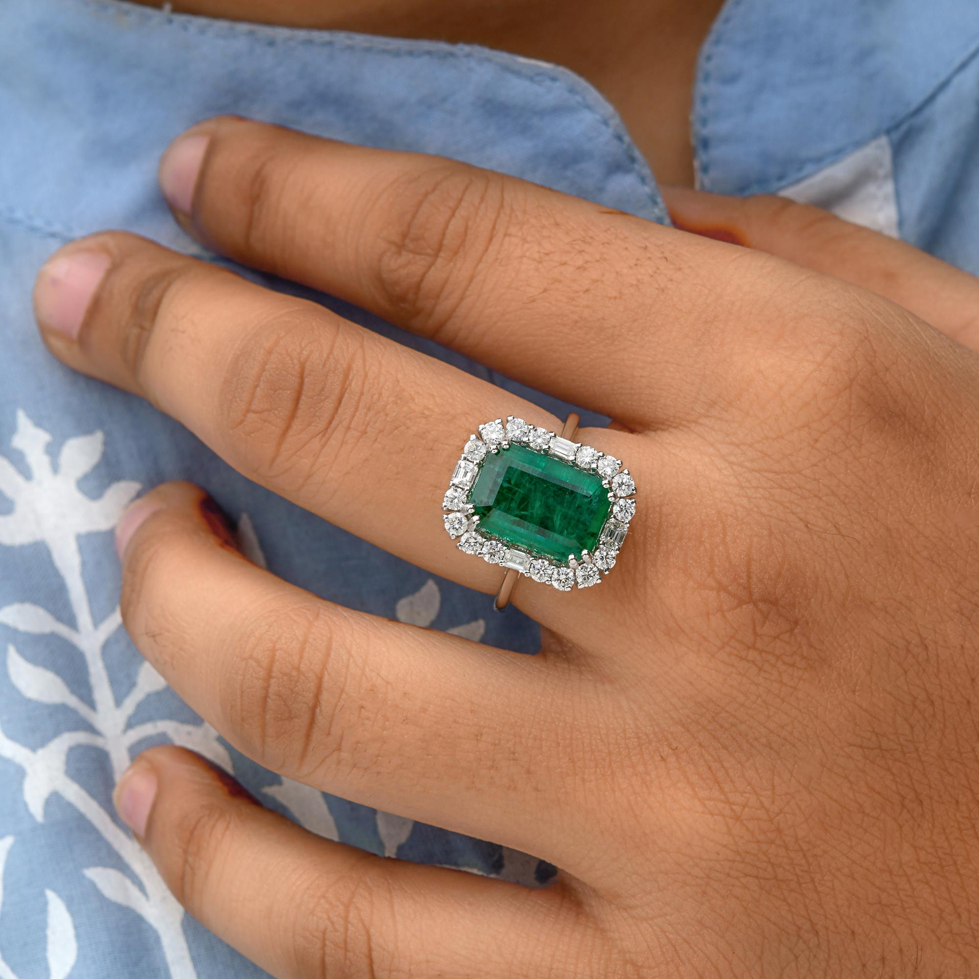 Emerald Cut Zambian Emerald Gemstone Cocktail Ring SI/H Diamond 14 Karat White Gold Jewelry For Sale