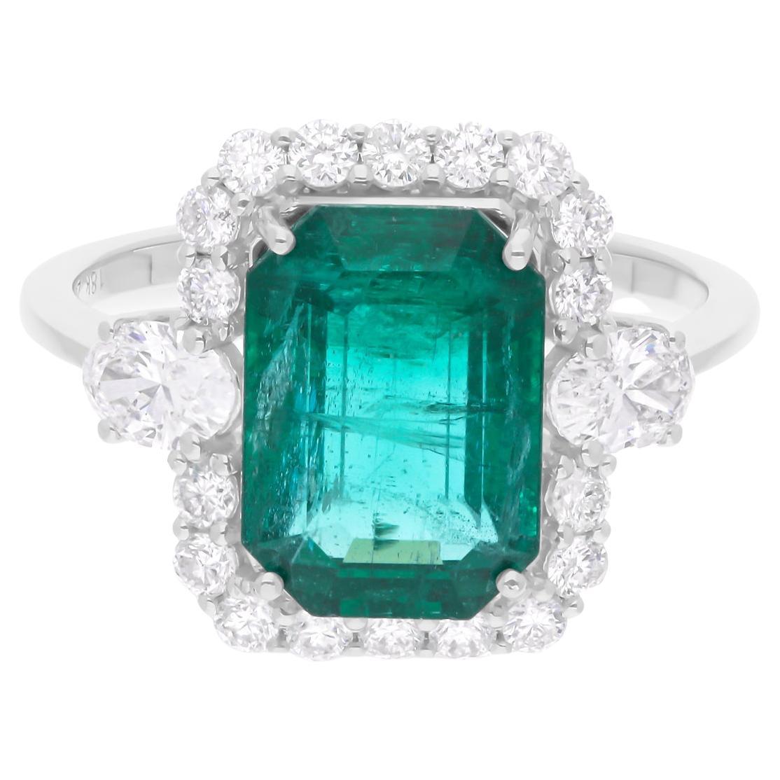 Zambian Emerald Gemstone Cocktail Ring SI/H Diamond 14 Karat White Gold Jewelry