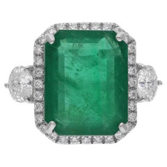 Zambian Emerald Gemstone Cocktail Ring SI/H Diamond 14 Karat White Gold Jewelry