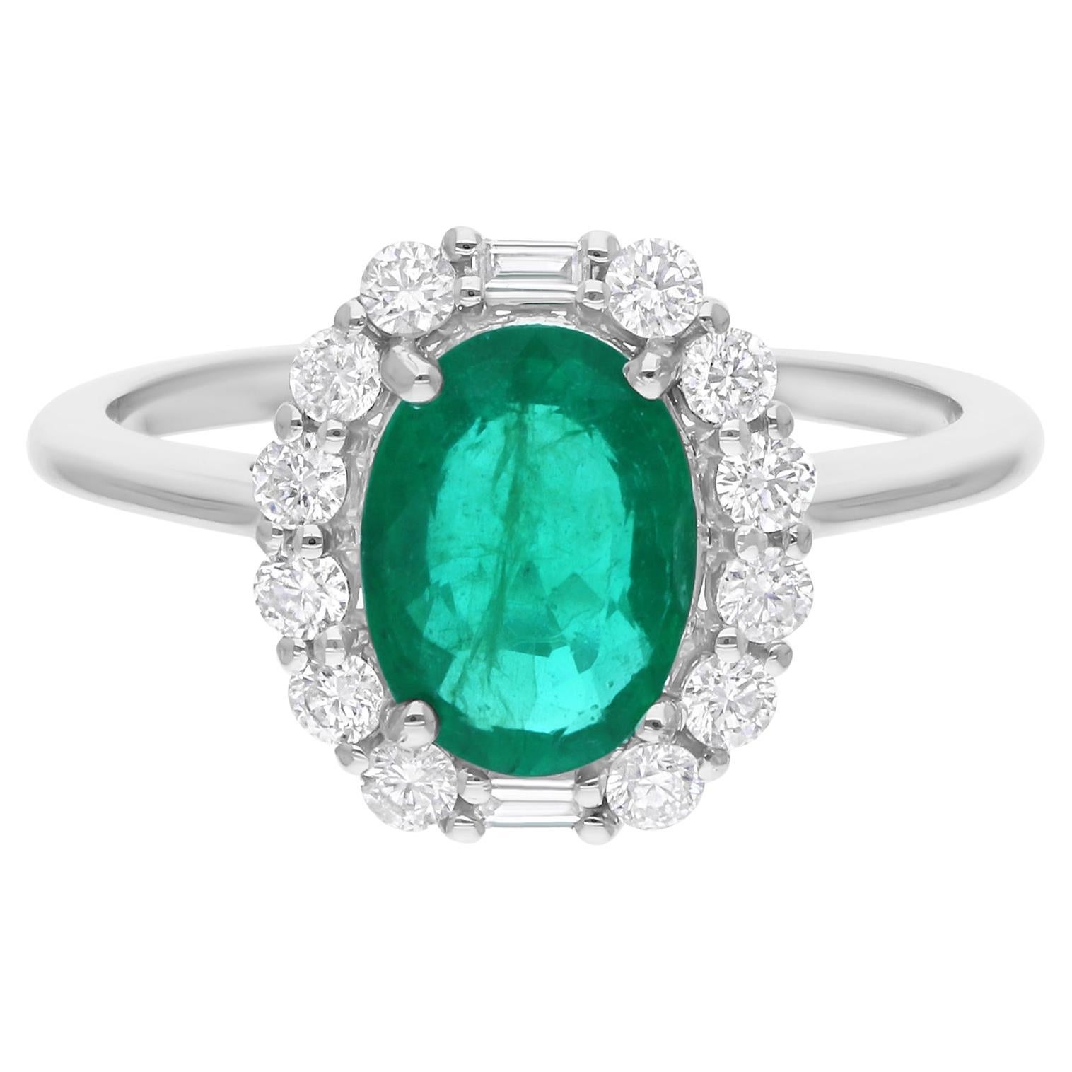 Zambian Emerald Gemstone Cocktail Ring SI/H Diamond 14 Karat White Gold Jewelry