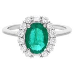 Zambian Emerald Gemstone Cocktail Ring SI/H Diamond 14 Karat White Gold Jewelry