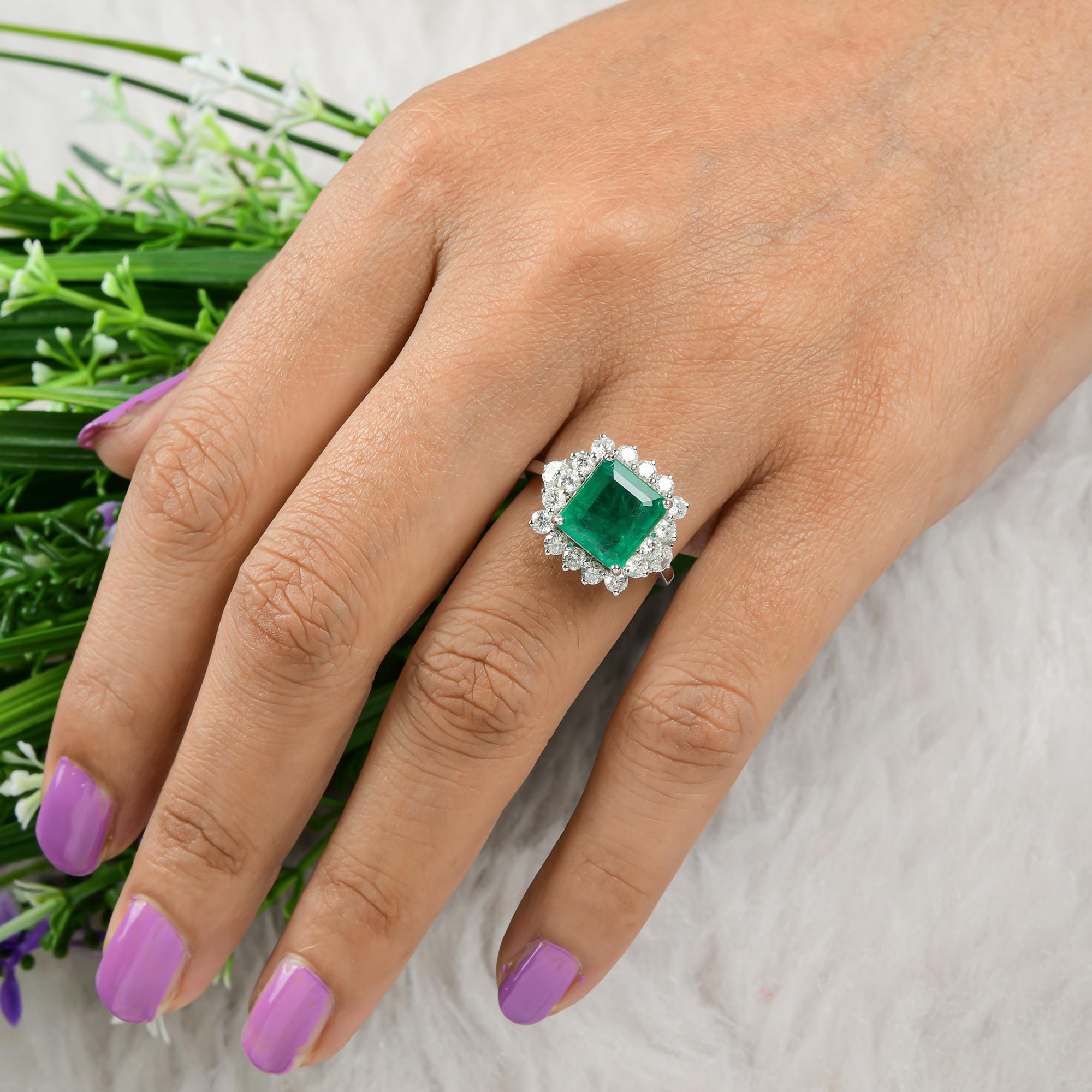 Emerald Cut Zambian Emerald Gemstone Cocktail Ring SI/H Diamond 18 Karat White Gold Jewelry For Sale