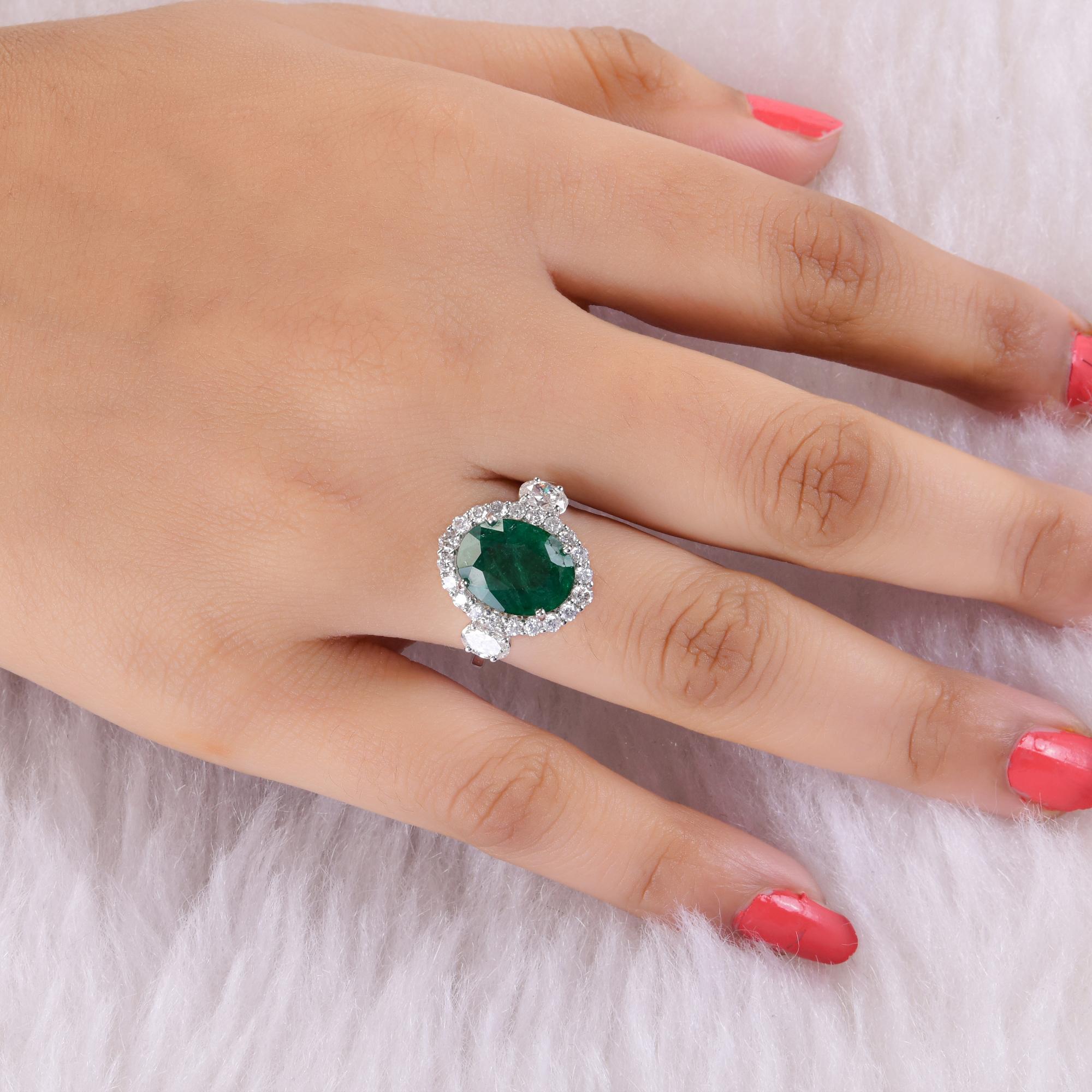 Oval Cut Zambian Emerald Gemstone Cocktail Ring SI/H Diamond 18 Karat White Gold Jewelry For Sale