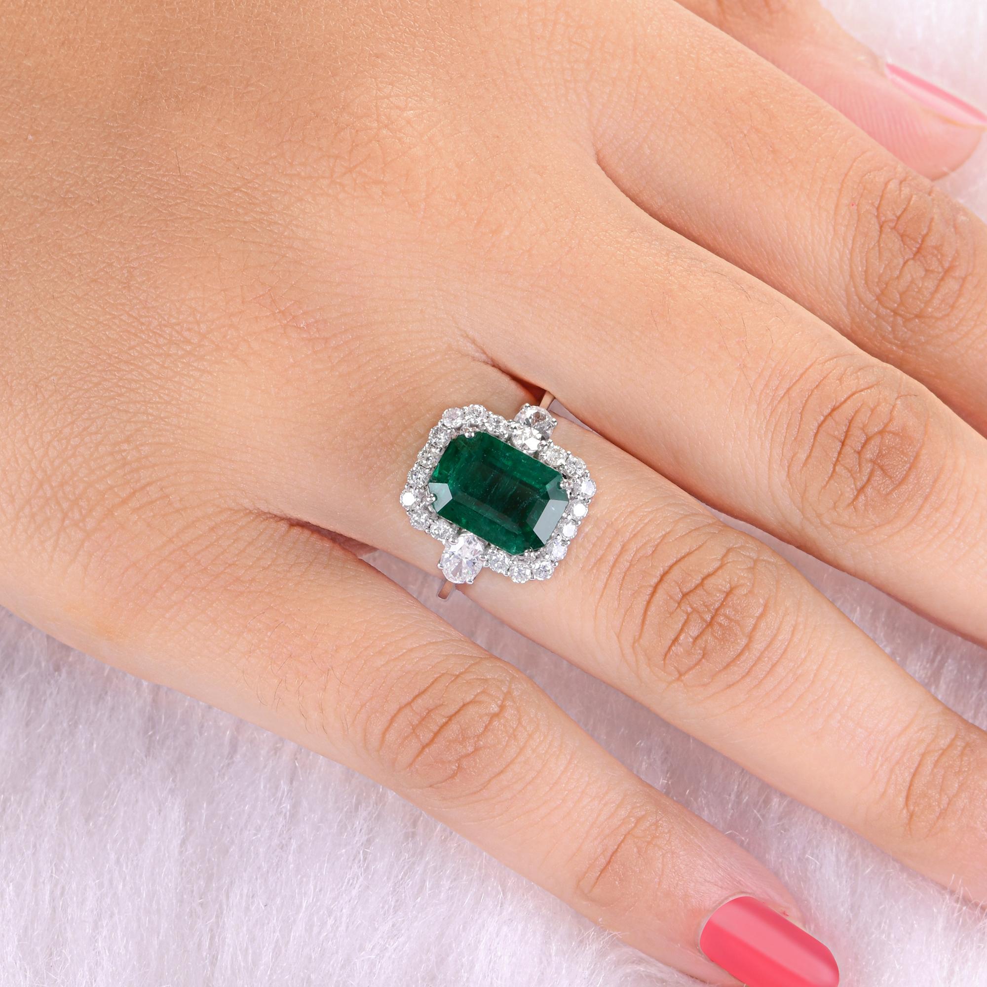 Emerald Cut Zambian Emerald Gemstone Cocktail Ring SI/H Diamond 18 Karat White Gold Jewelry For Sale