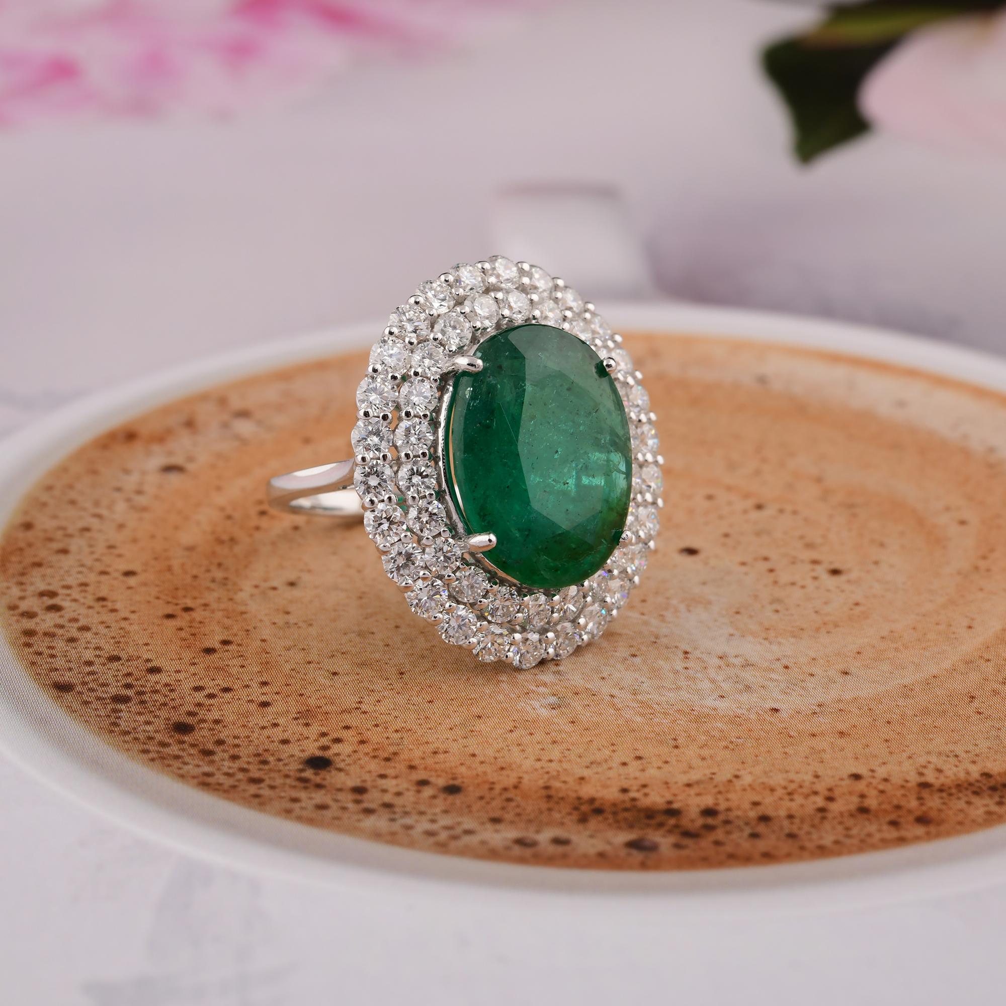 Oval Cut Zambian Emerald Gemstone Cocktail Ring SI/H Diamond 18 Karat White Gold Jewelry For Sale