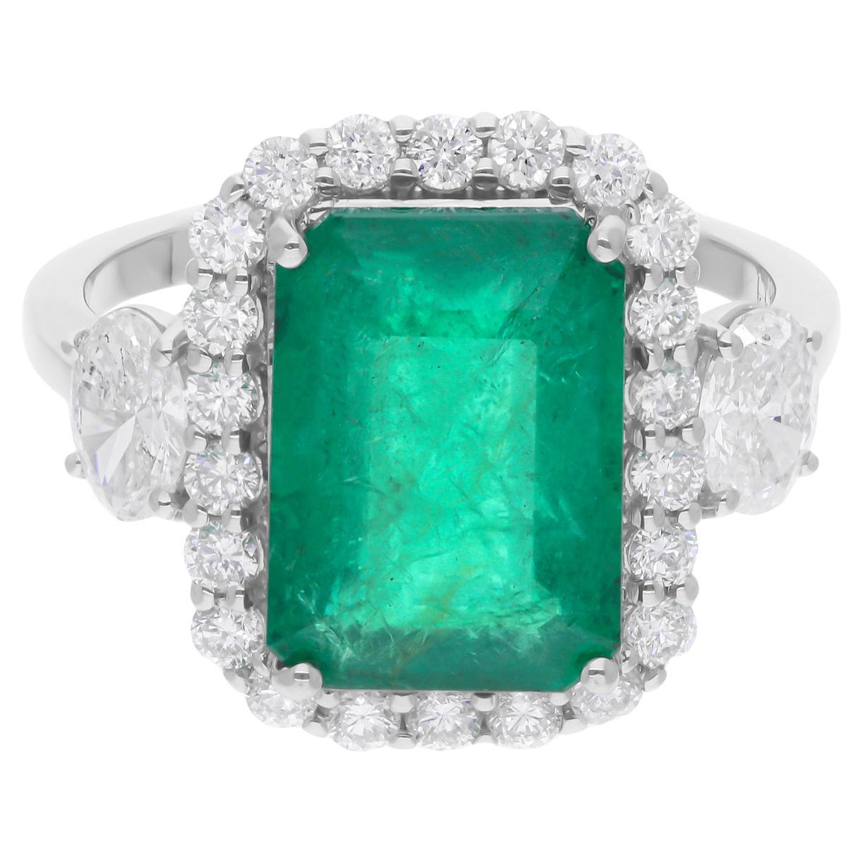 Esmeralda zambiana Anillo de cóctel SI/H Diamante Joyas de oro blanco de 18 quilates