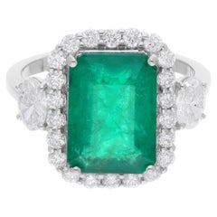 Esmeralda zambiana Anillo de cóctel SI/H Diamante Joyas de oro blanco de 18 quilates