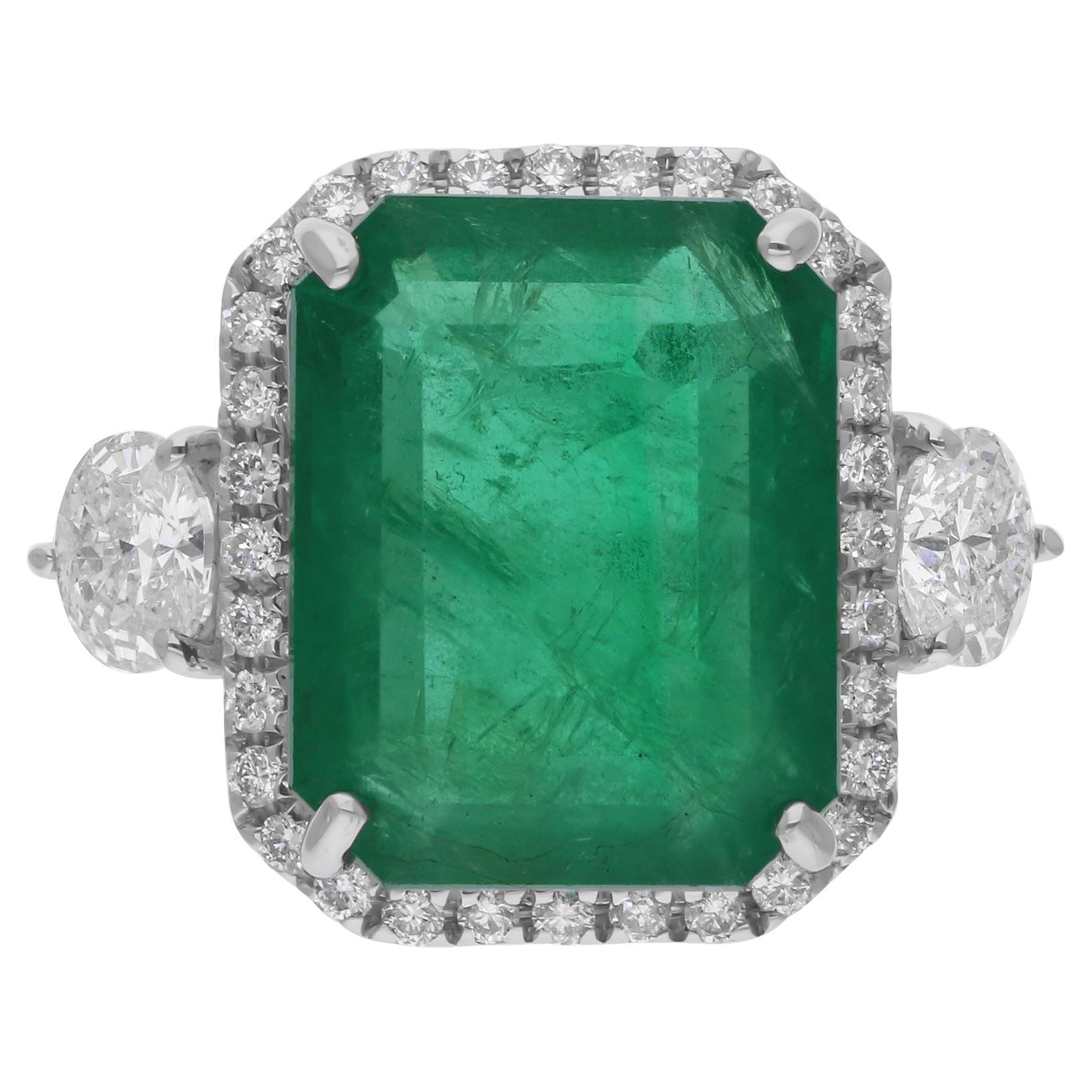 Zambian Emerald Gemstone Cocktail Ring SI/H Diamond 18 Karat White Gold Jewelry