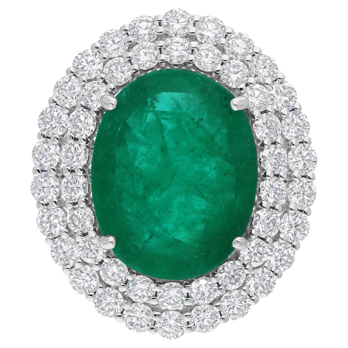 Zambian Emerald Gemstone Cocktail Ring SI/H Diamond 18 Karat White Gold Jewelry