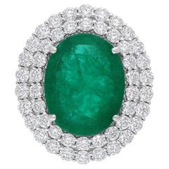 Zambian Emerald Gemstone Cocktail Ring SI/H Diamond 18 Karat White Gold Jewelry