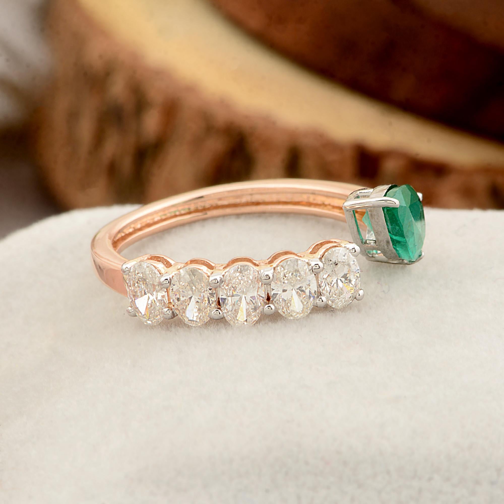 For Sale:  Natural Emerald Gemstone Cuff Band Ring Diamond Solid 18k Rose Gold Fine Jewelry 4