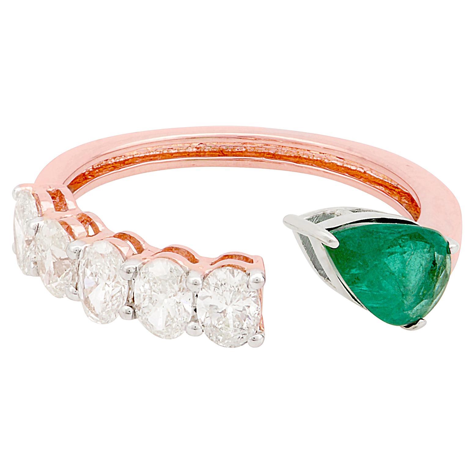 Natural Emerald Gemstone Cuff Band Ring Diamond Solid 18k Rose Gold Fine Jewelry