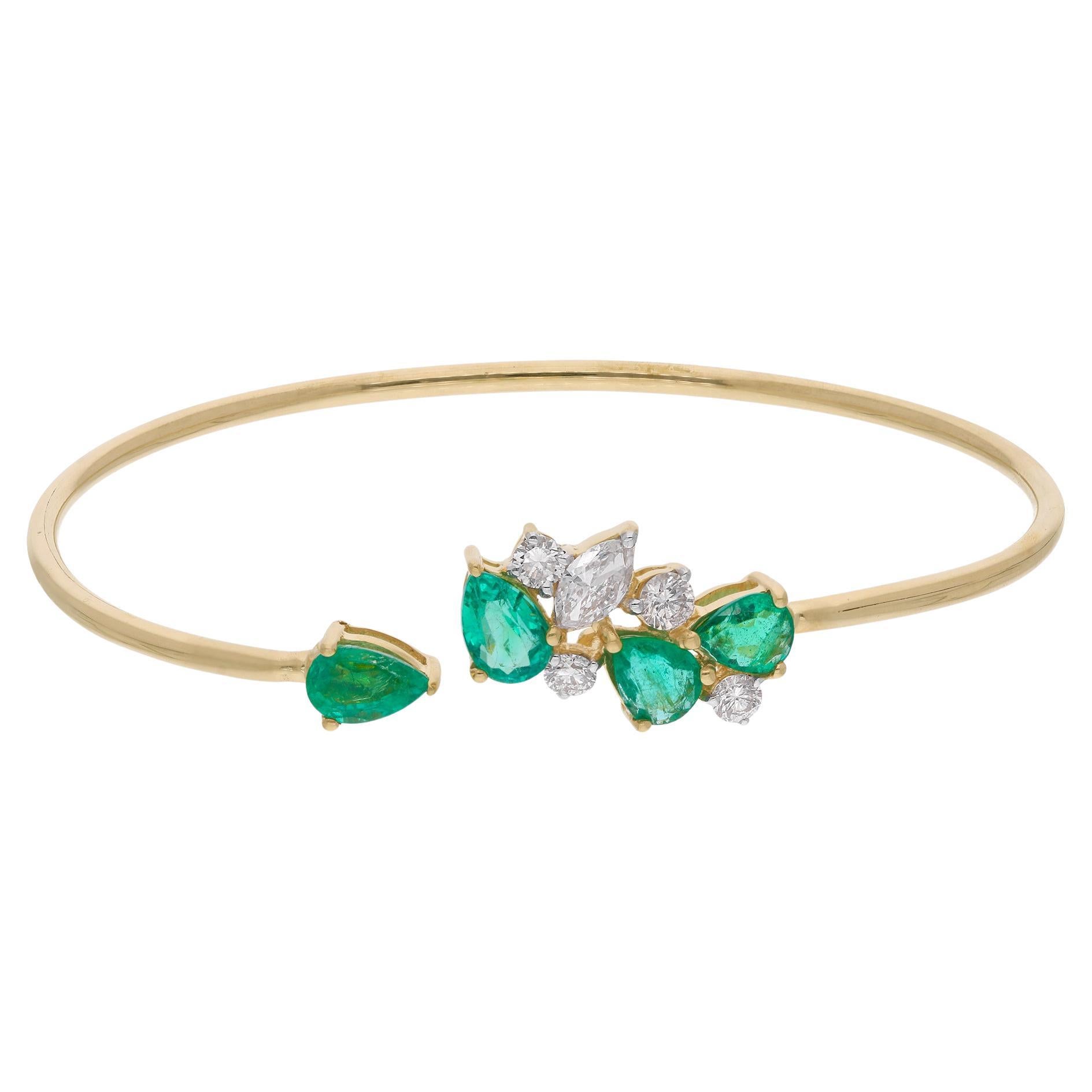 Zambian Emerald Gemstone Cuff Bangle Bracelet Diamond 18 Kt Yellow Gold Jewelry For Sale