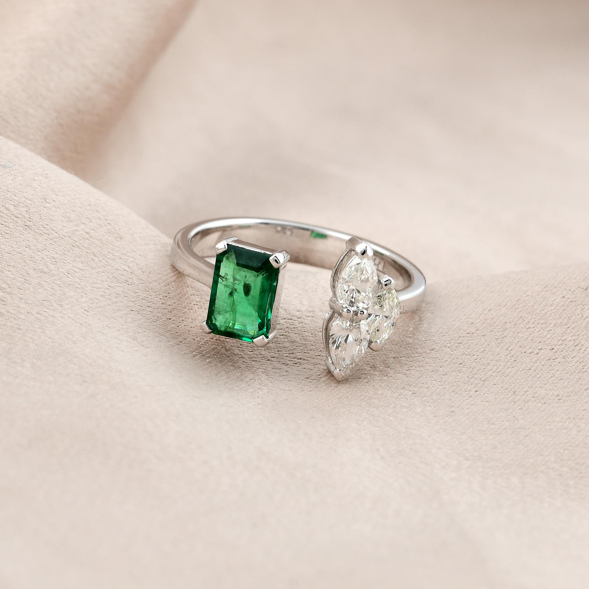 Modern Zambian Emerald Gemstone Cuff Ring Diamond 14 Karat White Gold Handmade Jewelry For Sale