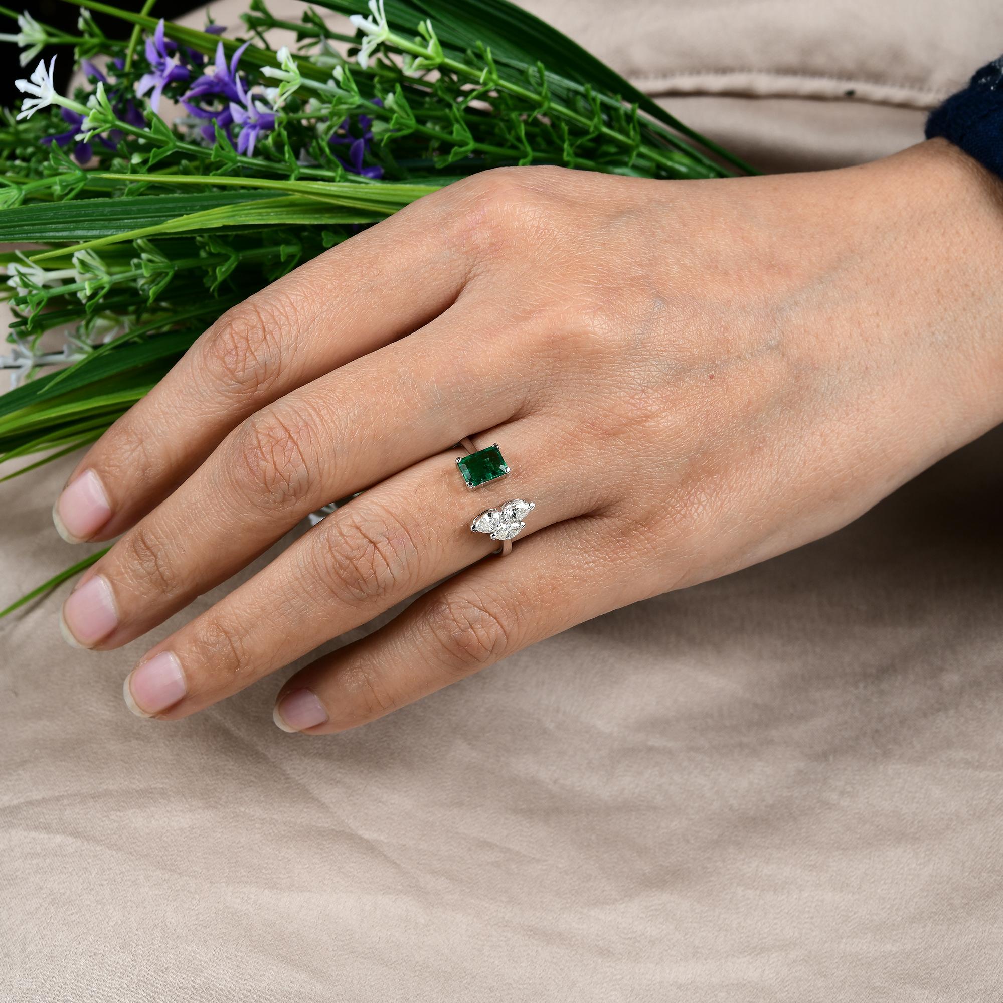 Emerald Cut Zambian Emerald Gemstone Cuff Ring Diamond 14 Karat White Gold Handmade Jewelry For Sale