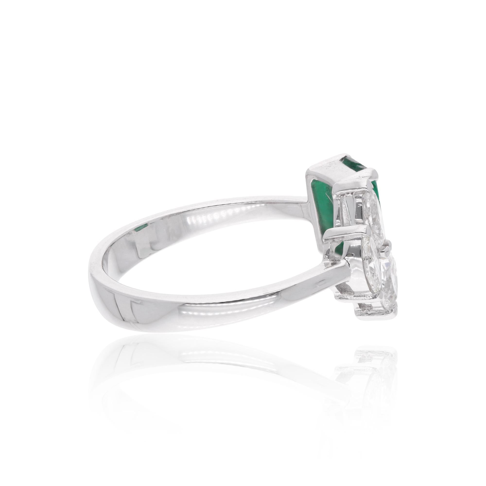 Women's Zambian Emerald Gemstone Cuff Ring Diamond 14 Karat White Gold Handmade Jewelry For Sale