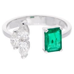 Zambian Emerald Gemstone Cuff Ring Diamond 14 Karat White Gold Handmade Jewelry