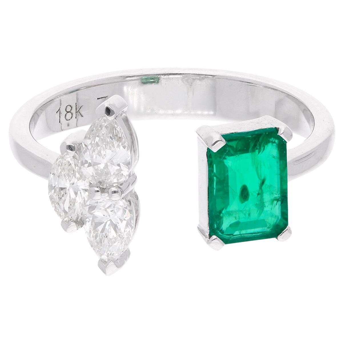 Zambian Emerald Gemstone Cuff Ring Diamond 18 Karat White Gold Handmade Jewelry