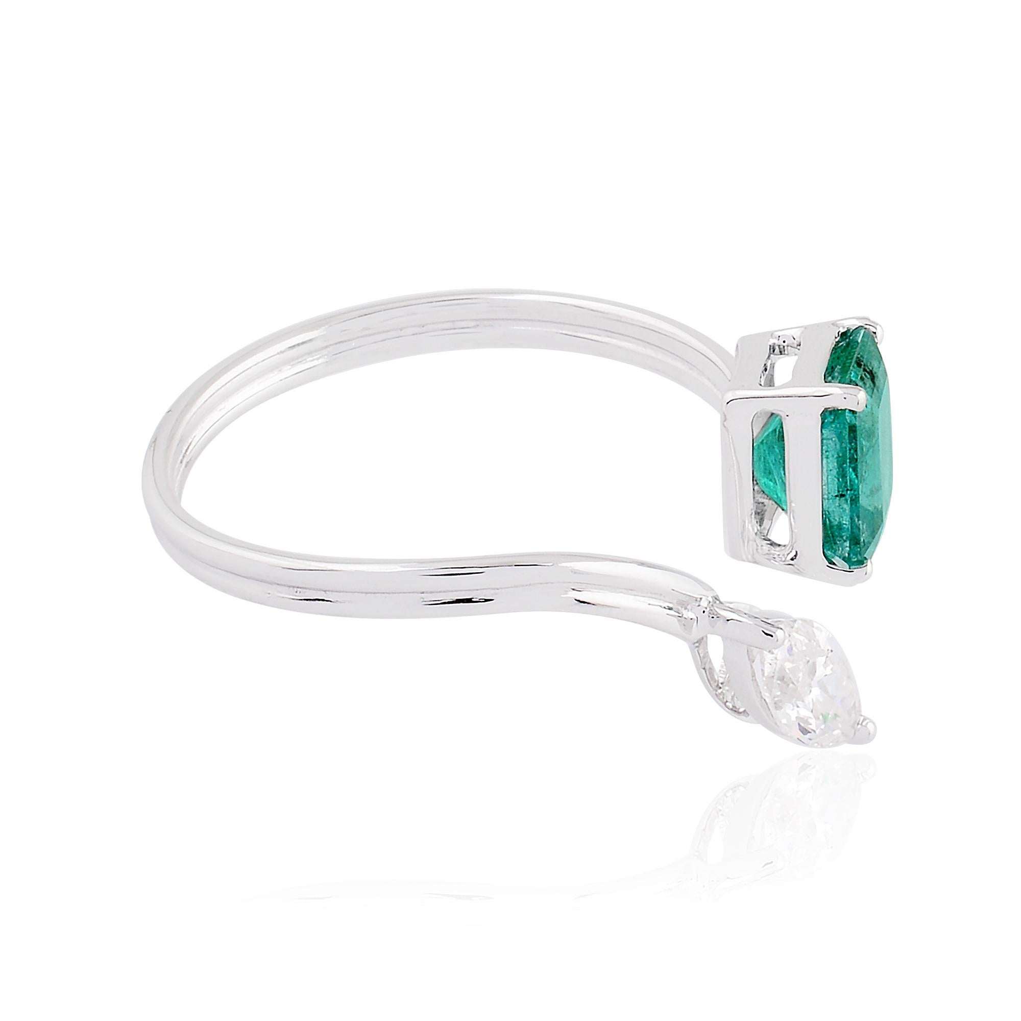 Modern Natural Emerald Gemstone Cuff Ring Marquise Diamond 14k White Gold Fine Jewelry For Sale