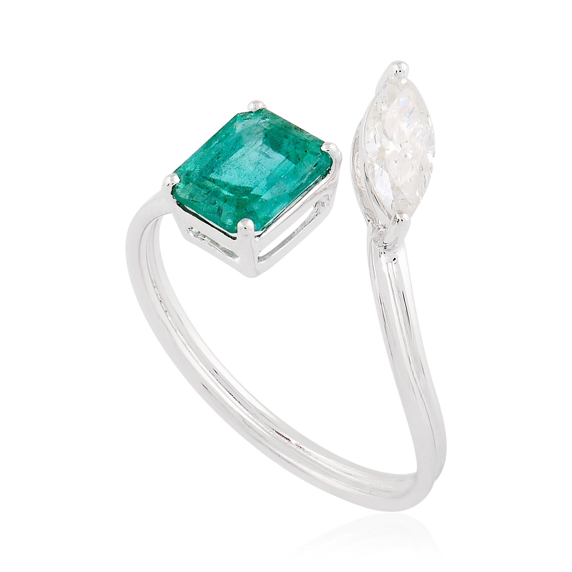 Women's Natural Emerald Gemstone Cuff Ring Marquise Diamond 14k White Gold Fine Jewelry For Sale