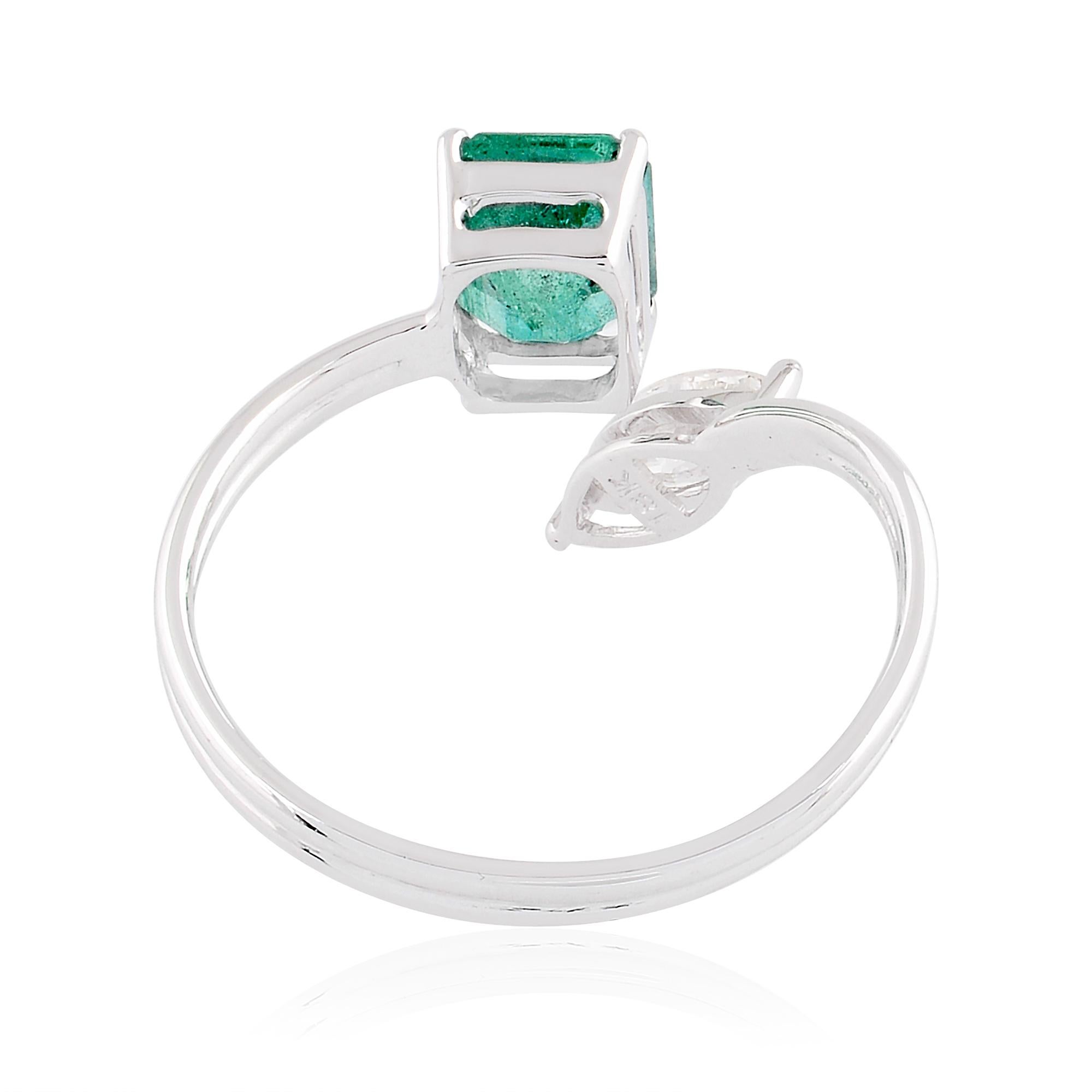 Natural Emerald Gemstone Cuff Ring Marquise Diamond 14k White Gold Fine Jewelry For Sale 1