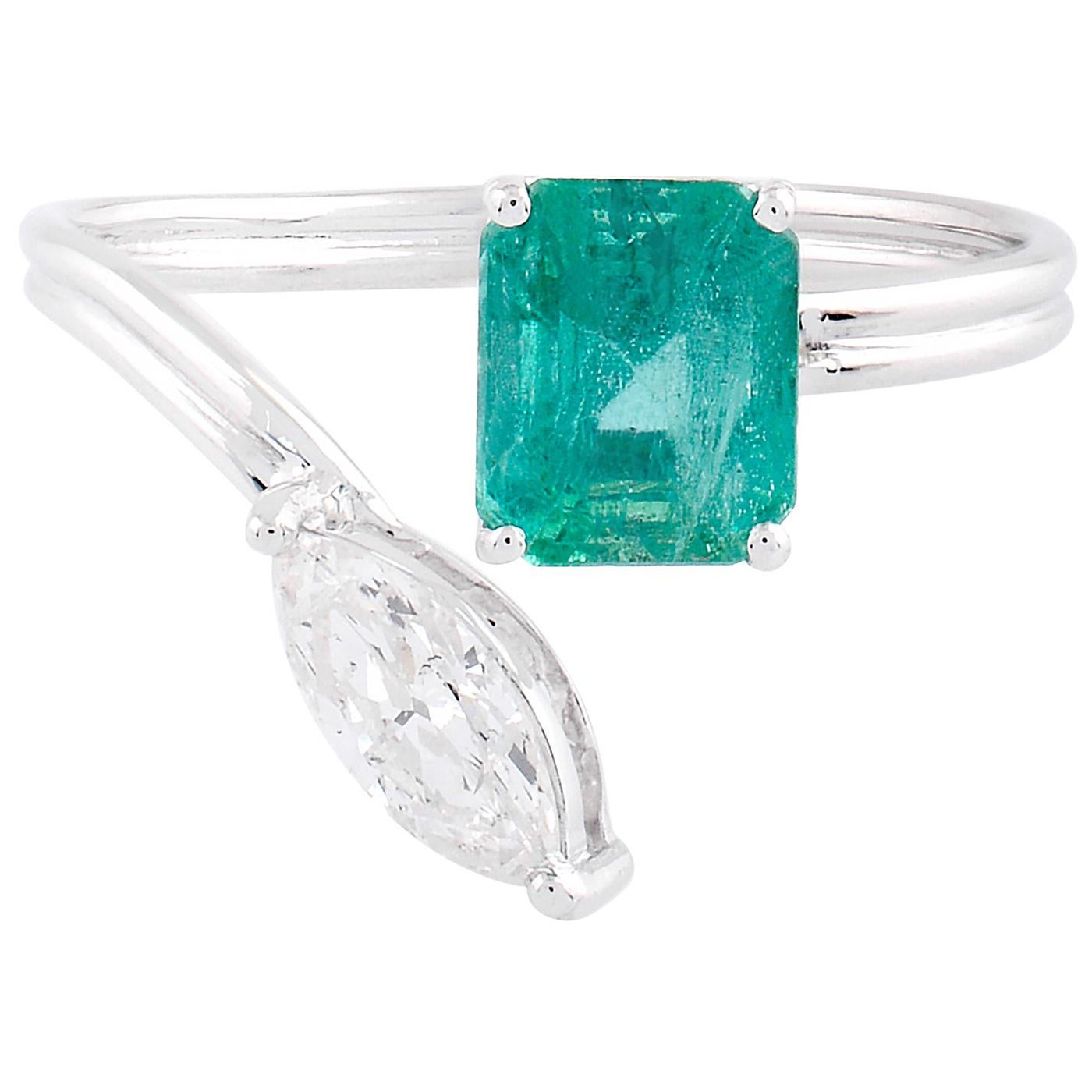 Natural Emerald Gemstone Cuff Ring Marquise Diamond 14k White Gold Fine Jewelry For Sale