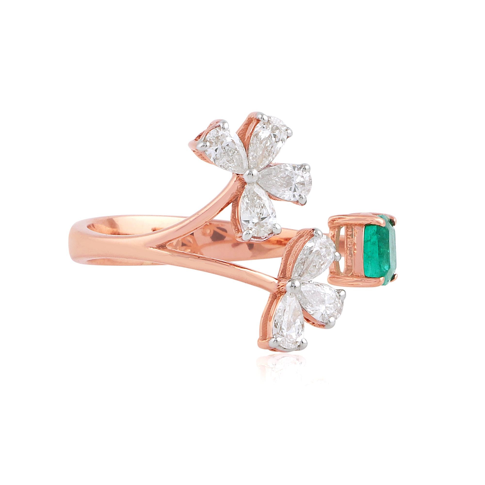 For Sale:  Natural Emerald Gemstone Cuff Ring Pear Diamond Solid 18k Rose Gold Fine Jewelry 2