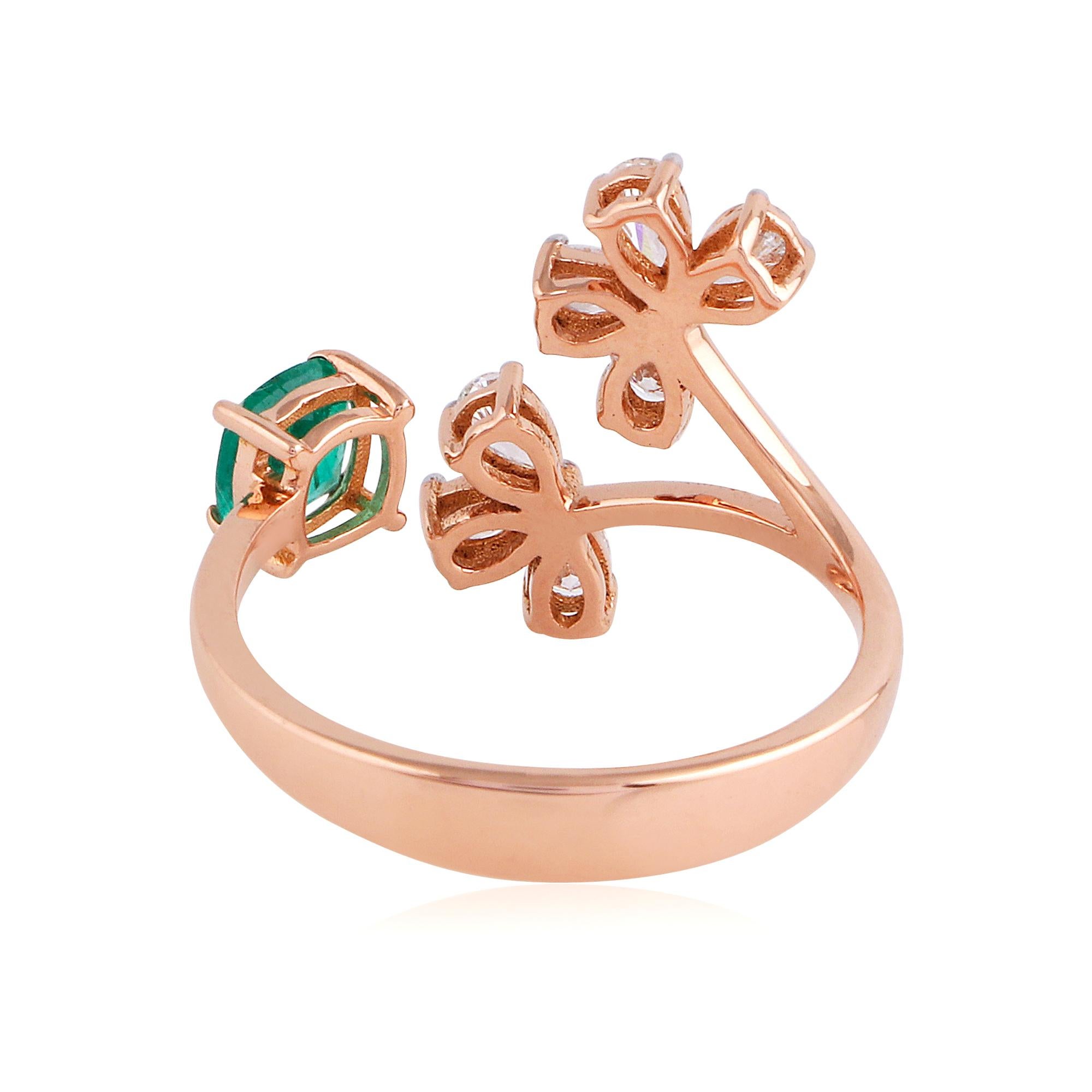 For Sale:  Natural Emerald Gemstone Cuff Ring Pear Diamond Solid 18k Rose Gold Fine Jewelry 3