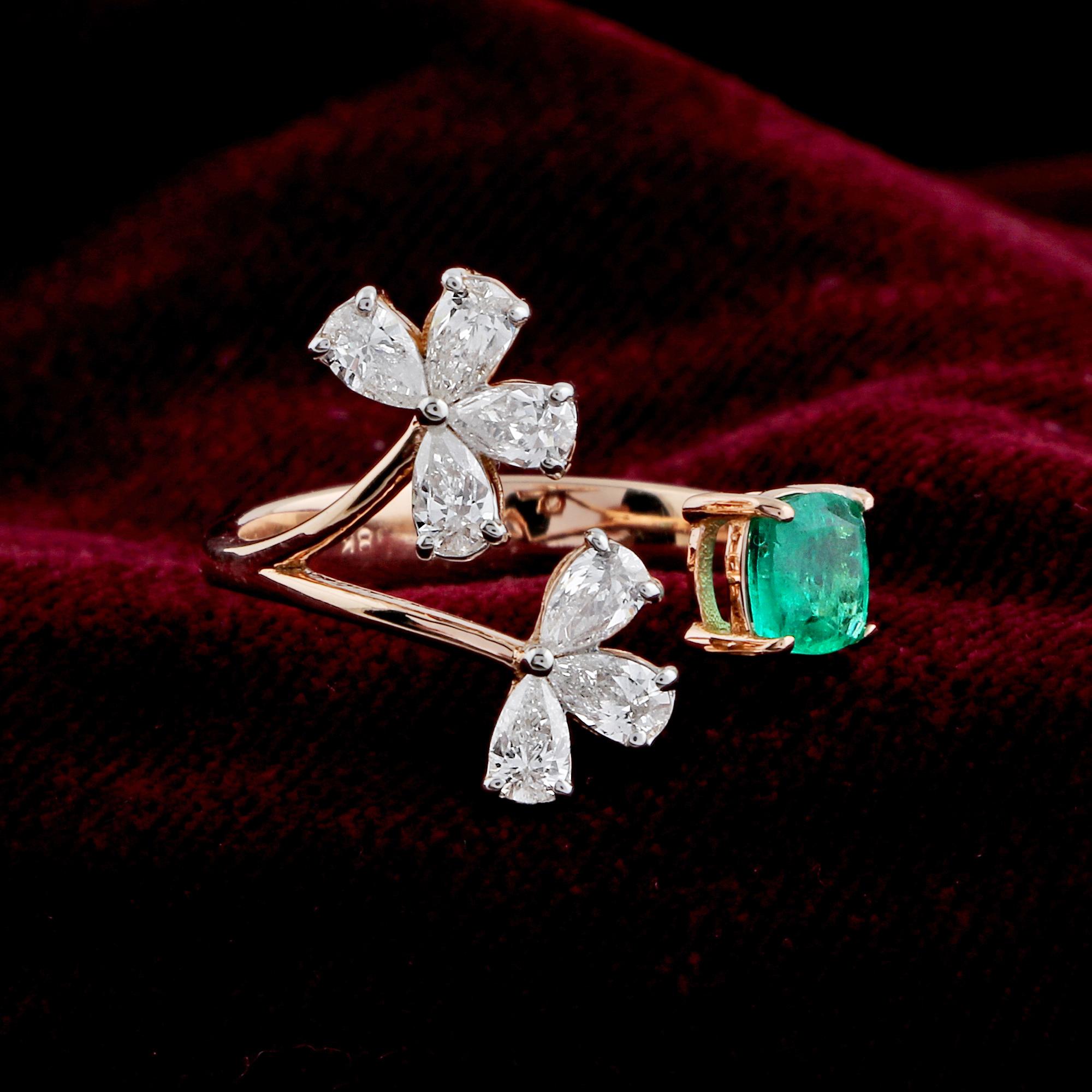 For Sale:  Natural Emerald Gemstone Cuff Ring Pear Diamond Solid 18k Rose Gold Fine Jewelry 4