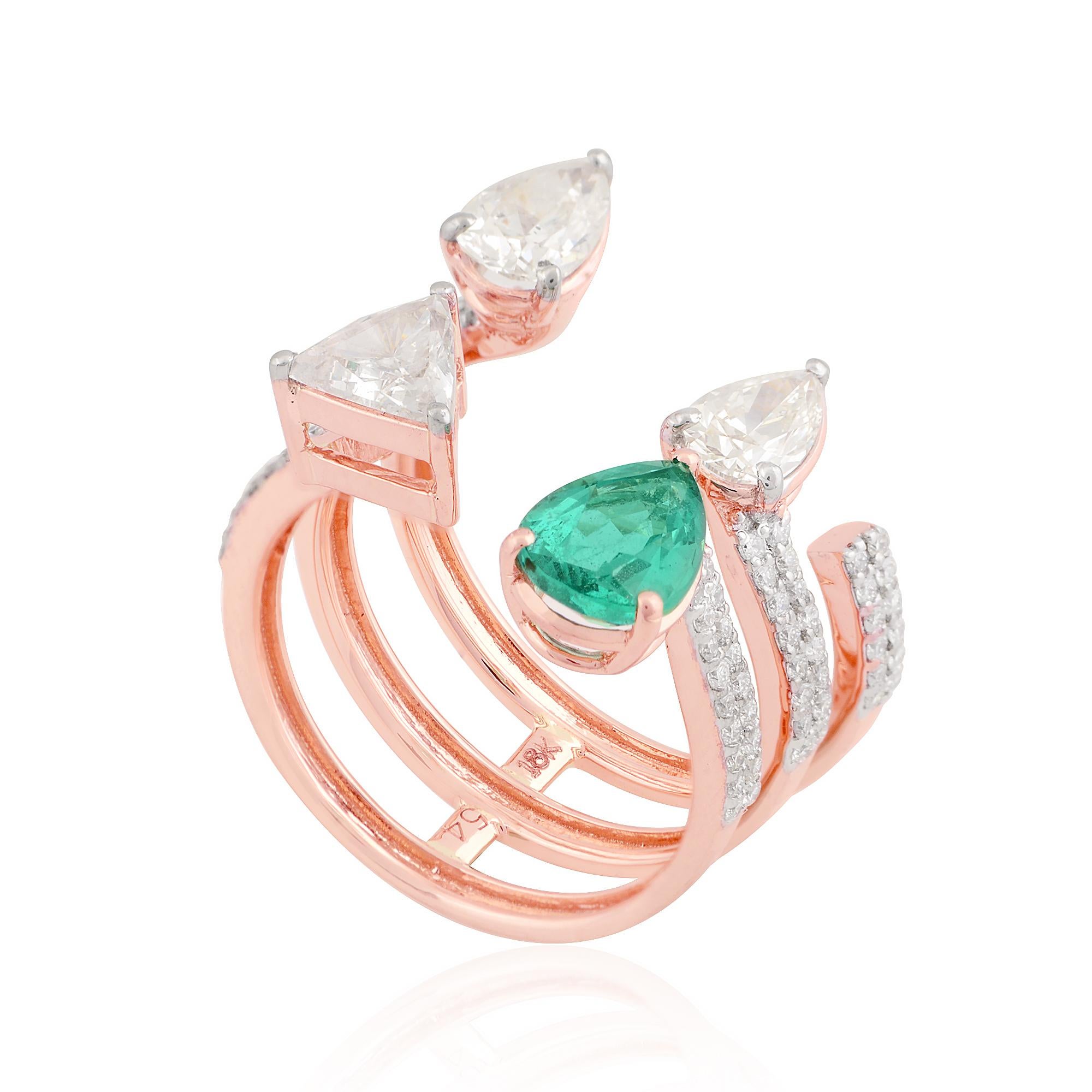For Sale:  Natural Emerald Gemstone Cuff Three Band Ring Diamond 18k Rose Gold Fine Jewelry 2