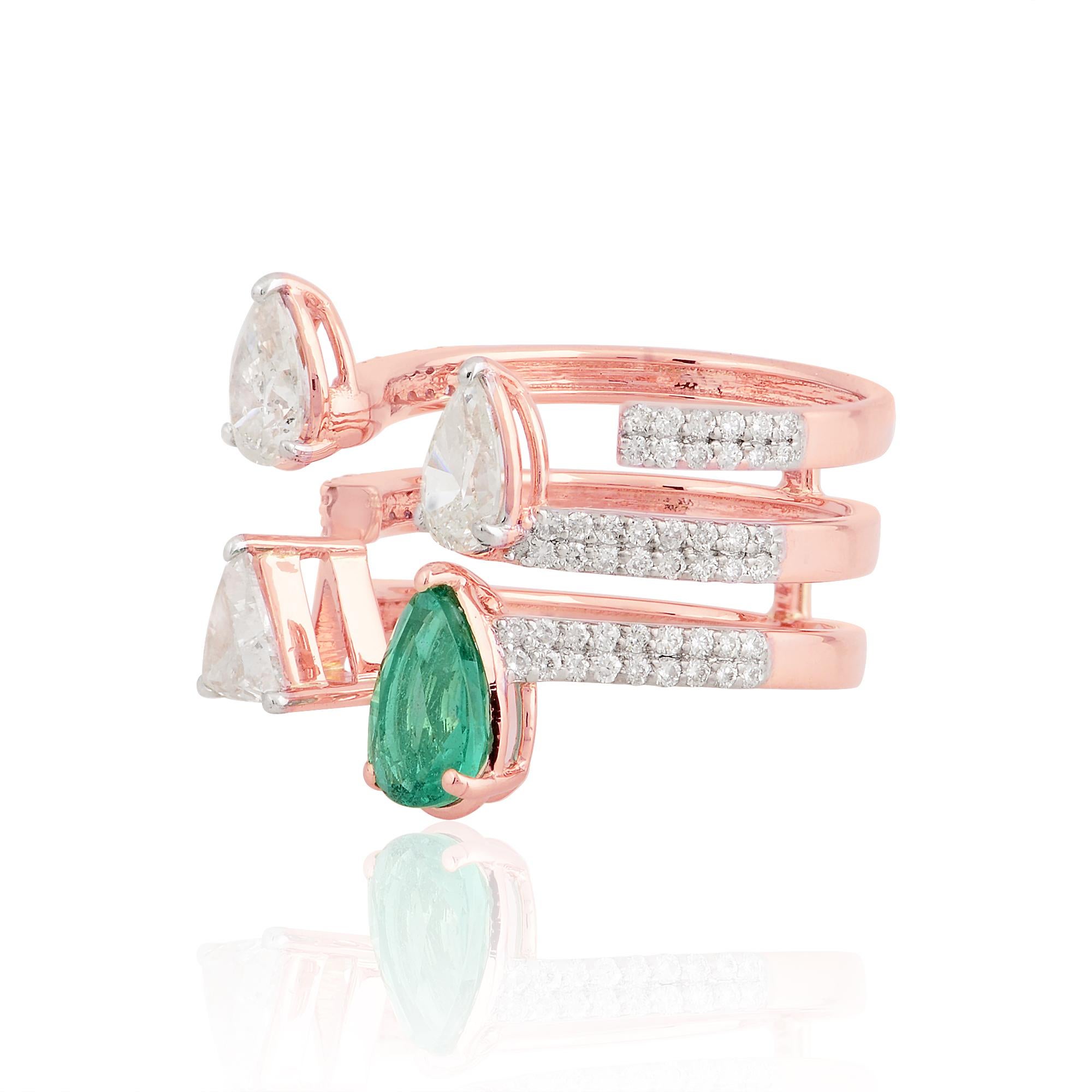 For Sale:  Natural Emerald Gemstone Cuff Three Band Ring Diamond 18k Rose Gold Fine Jewelry 3