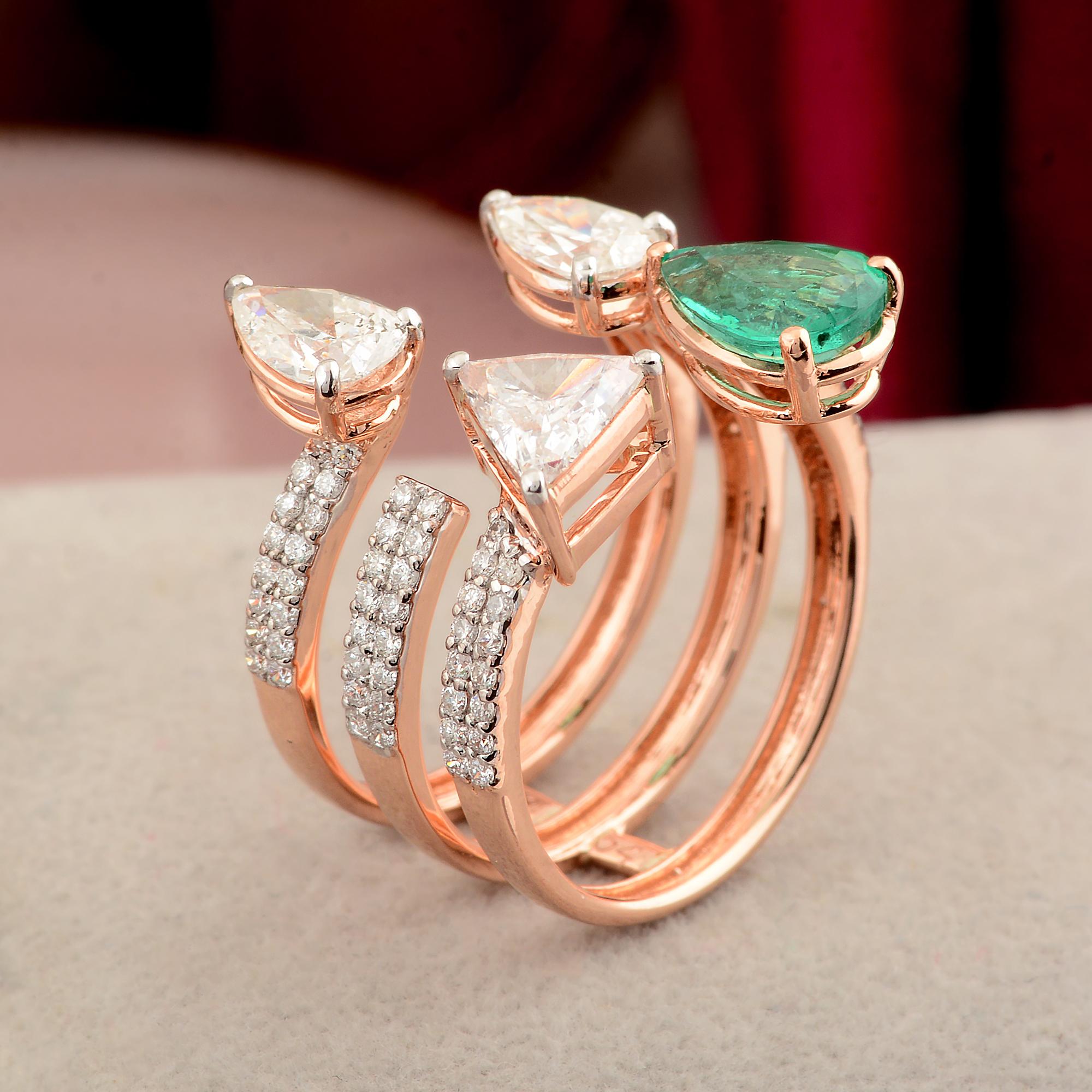 For Sale:  Natural Emerald Gemstone Cuff Three Band Ring Diamond 18k Rose Gold Fine Jewelry 4