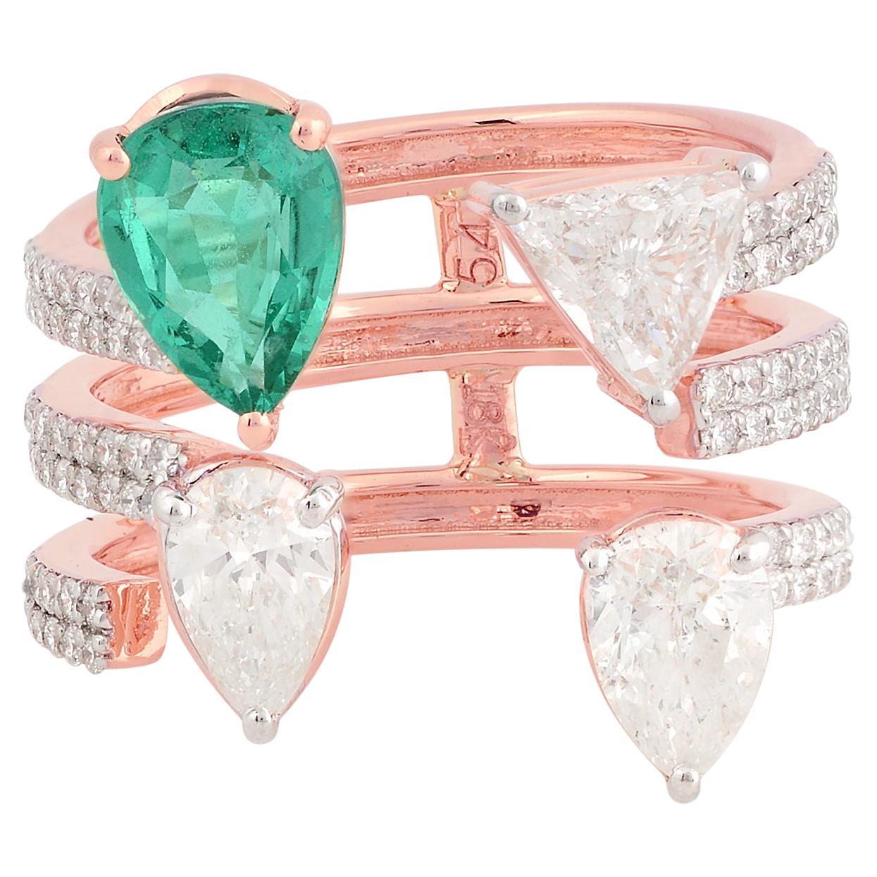 For Sale:  Natural Emerald Gemstone Cuff Three Band Ring Diamond 18k Rose Gold Fine Jewelry