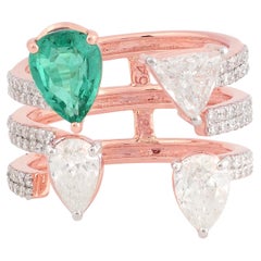 Natural Emerald Gemstone Cuff Three Band Ring Diamond 18k Rose Gold Fine Jewelry