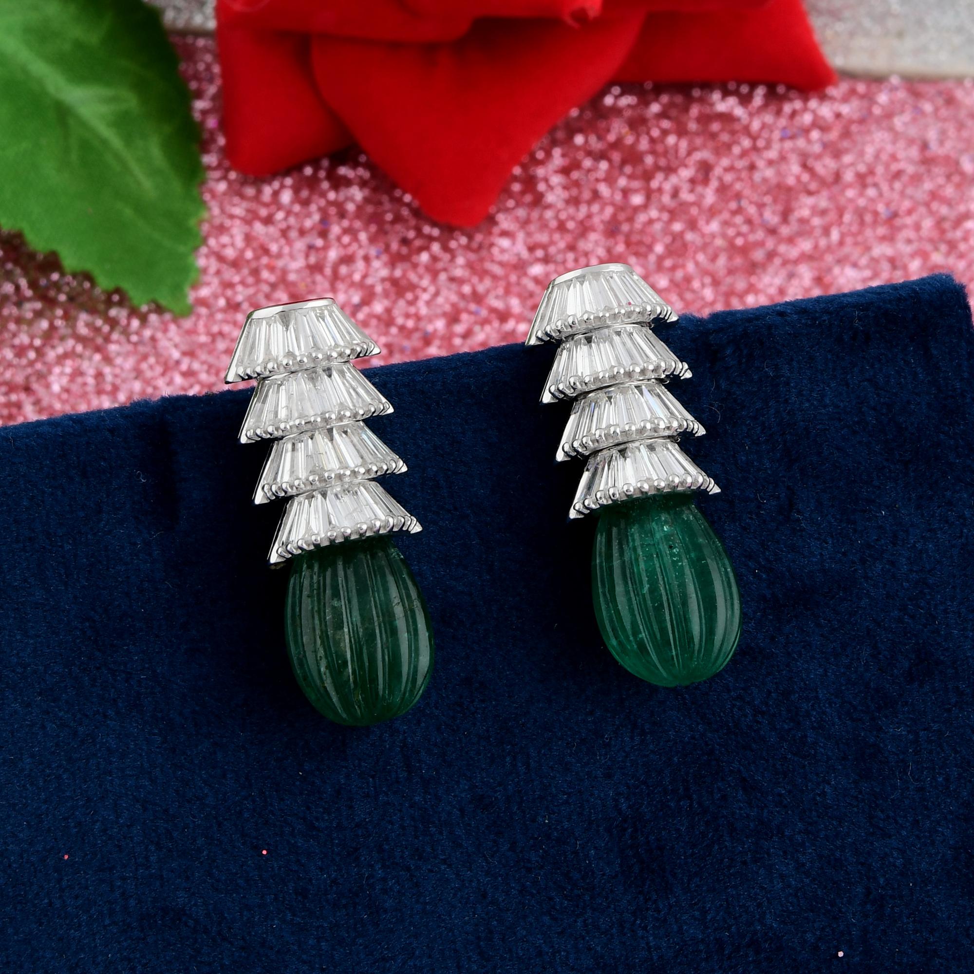 Pear Cut Natural Emerald Gemstone Dangle Earrings Baguette Diamond 18 Karat White Gold For Sale