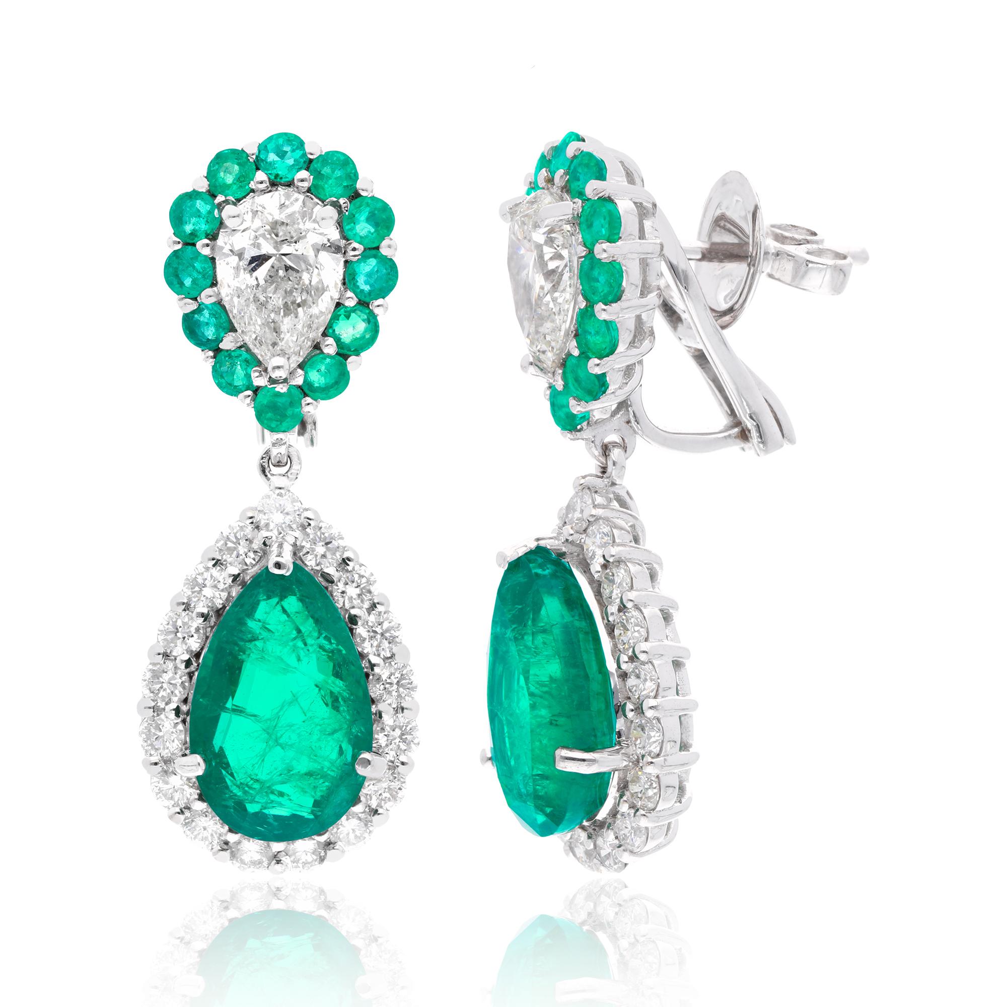Item Code :- SEE-12634 (14k)
Gross Wt. :- 9.76 gm
14k Solid White Gold Wt. :- 7.48 gm
Natural Diamond Wt. :- 3.28 Ct. ( AVERAGE DIAMOND CLARITY SI1-SI2 & COLOR H-I )
Emerald Wt. :- 8.14 Ct.
Earrings Size :- 32 mm approx.

✦