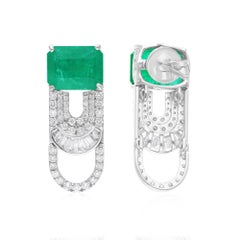 Zambian Emerald Gemstone Dangle Earrings Diamond 14 Karat White Gold Jewelry