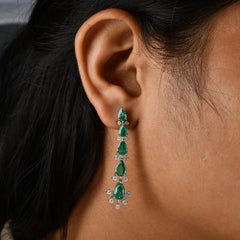 Zambian Emerald Gemstone Dangle Earrings Diamond 14 Karat White Gold Jewelry